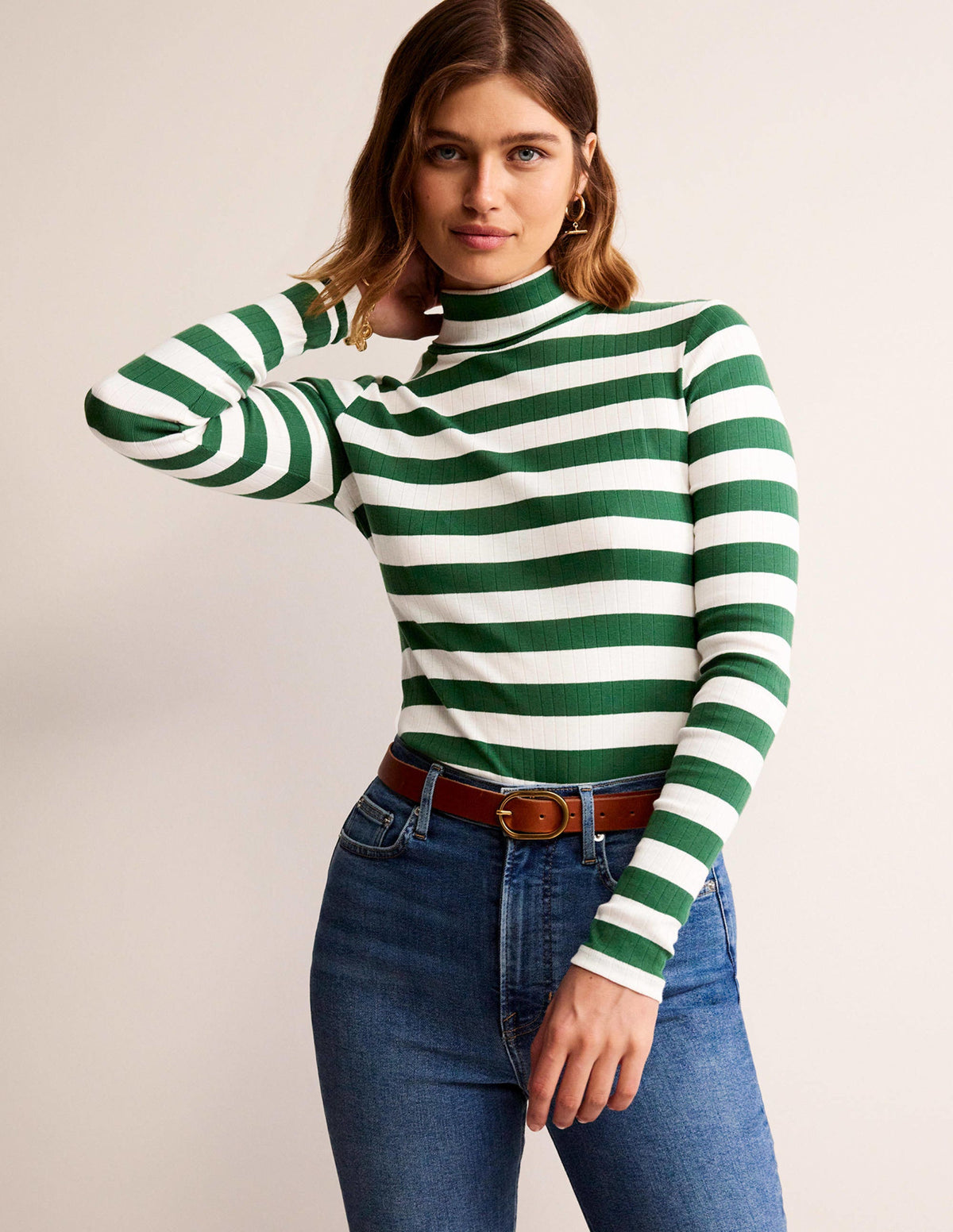 Anna Rib Roll Neck Top-Amazon Green, Ivory - Image 4