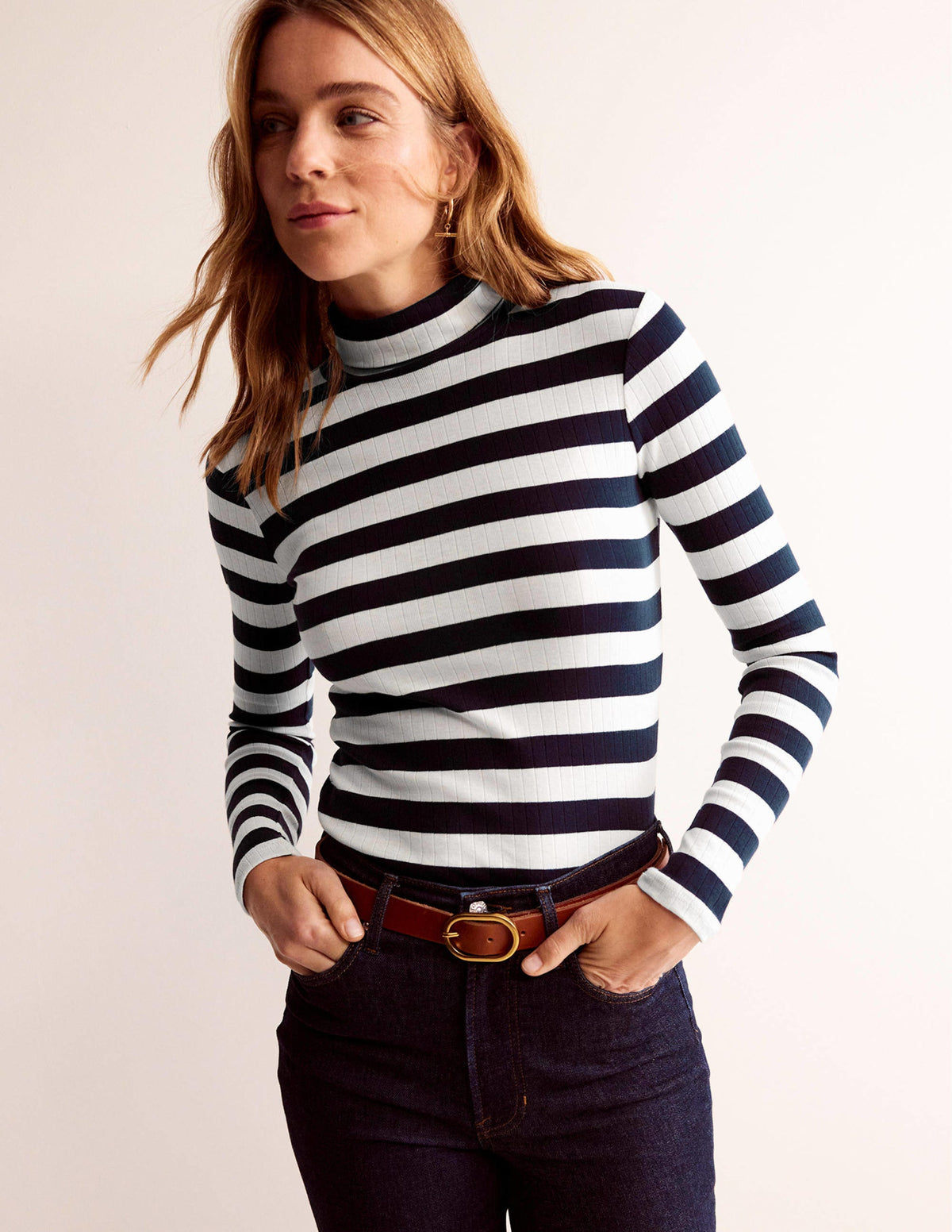 Anna Rib Roll Neck Top-Navy, Ivory - Image 1