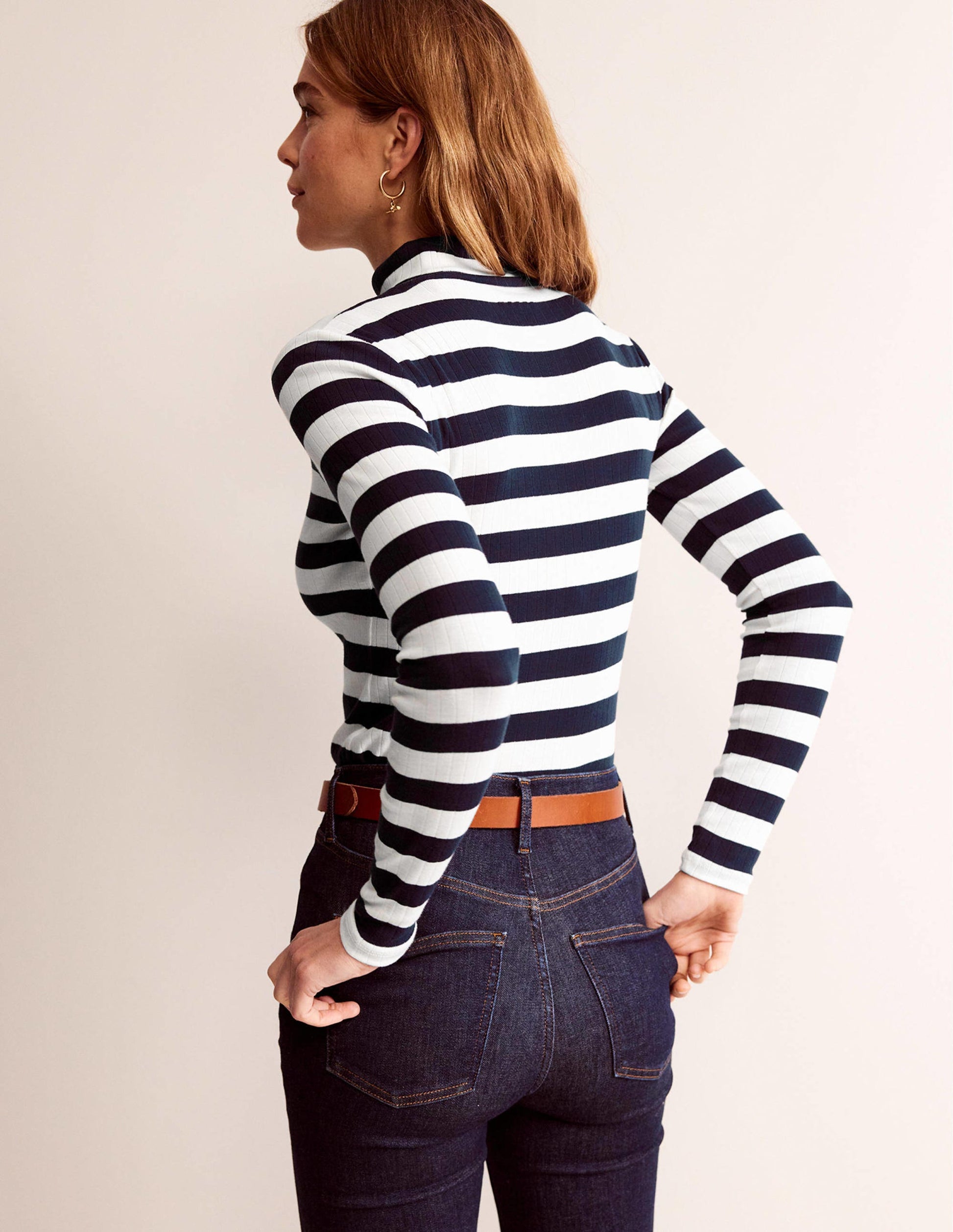 Anna Rib Roll Neck Top-Navy, Ivory-3