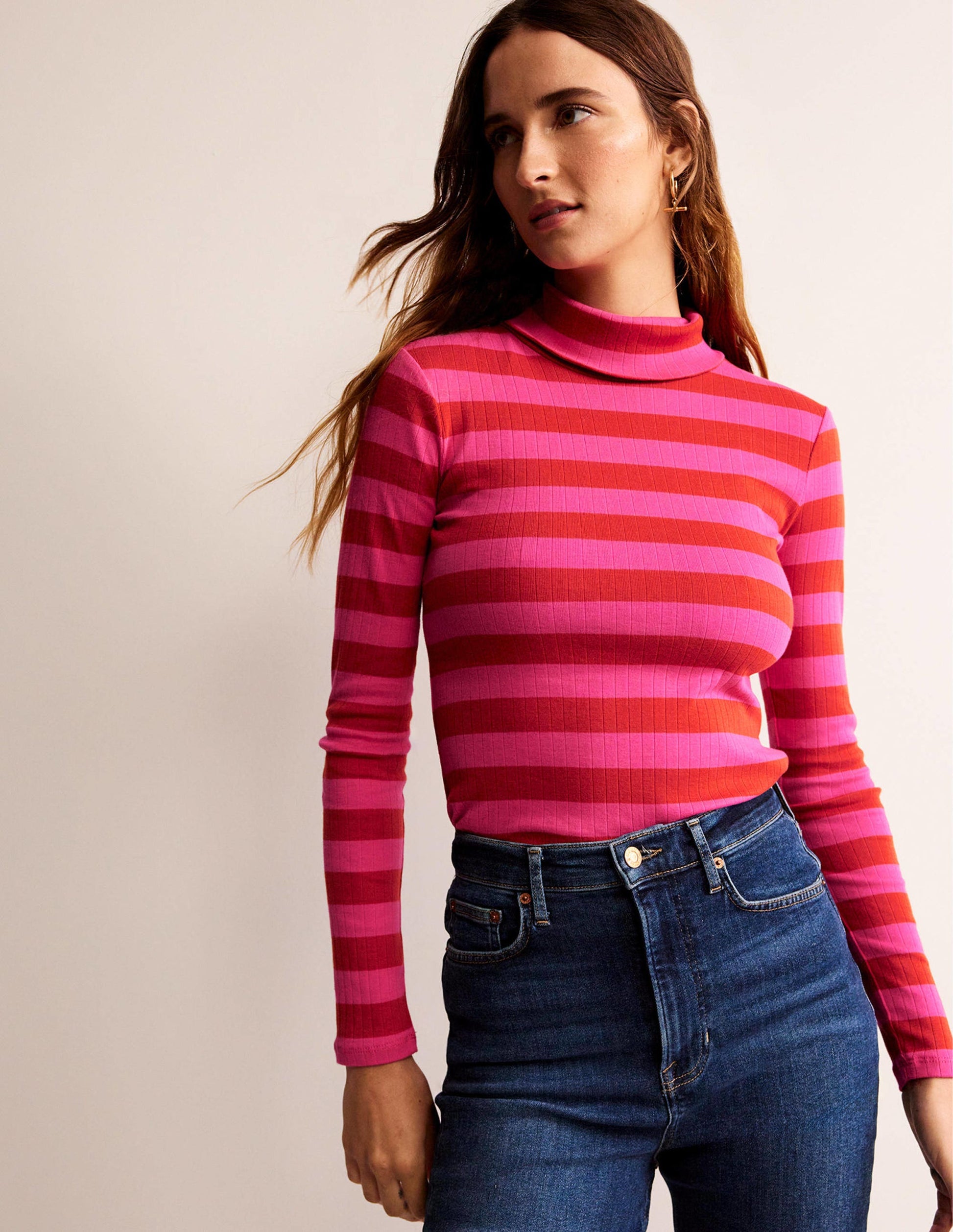 Anna Rib Roll Neck Top-Bright Rust, Vibrant Pink-1