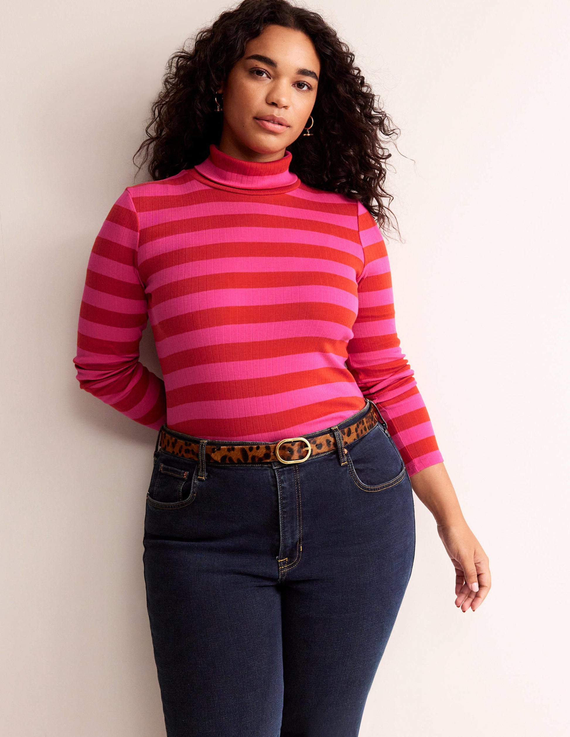 Anna Rib Roll Neck Top-Bright Rust, Vibrant Pink-5