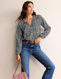 Printed Gather-Detail Shirt-Black, Animal Spot