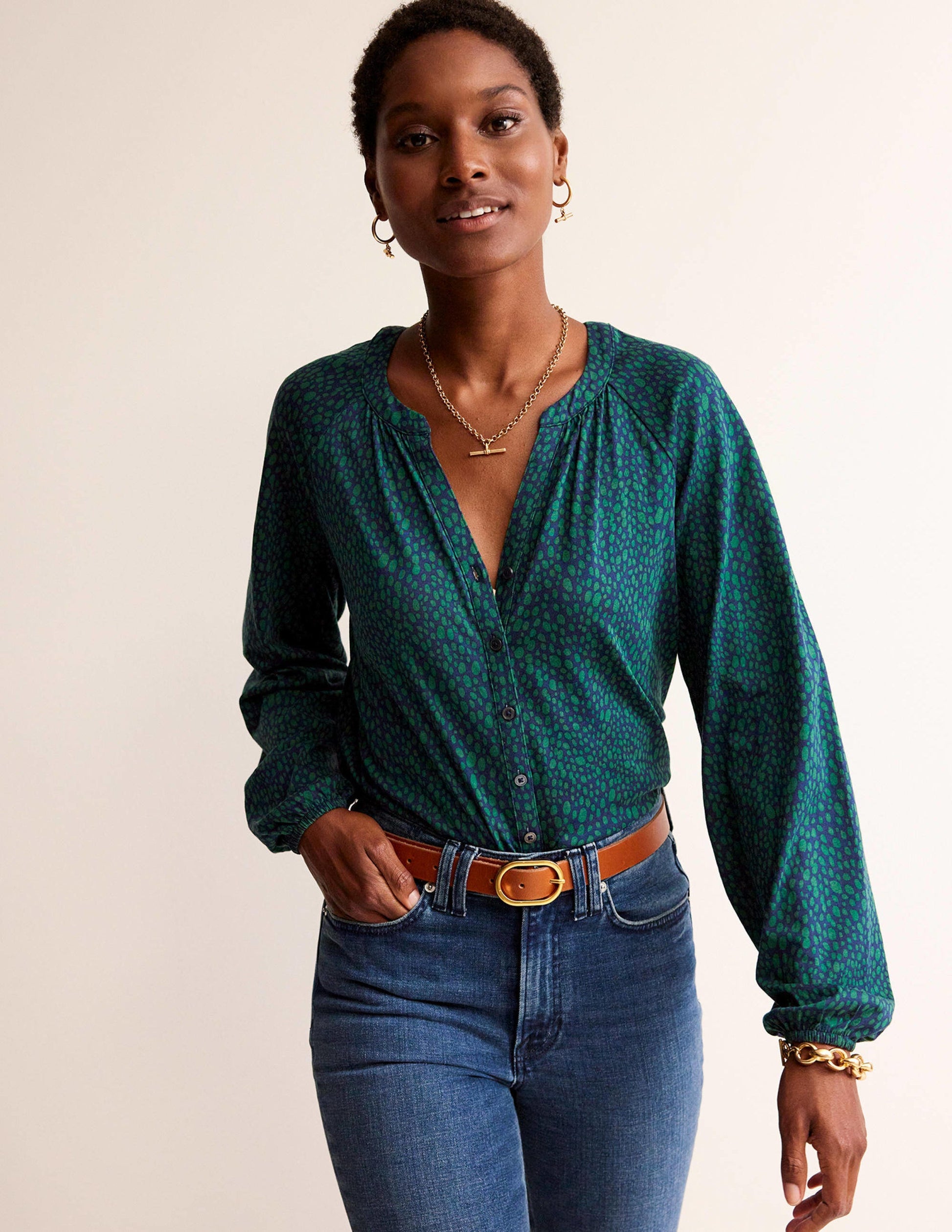 Printed Gather-Detail Shirt-Amazon Green , Animal Spot-1