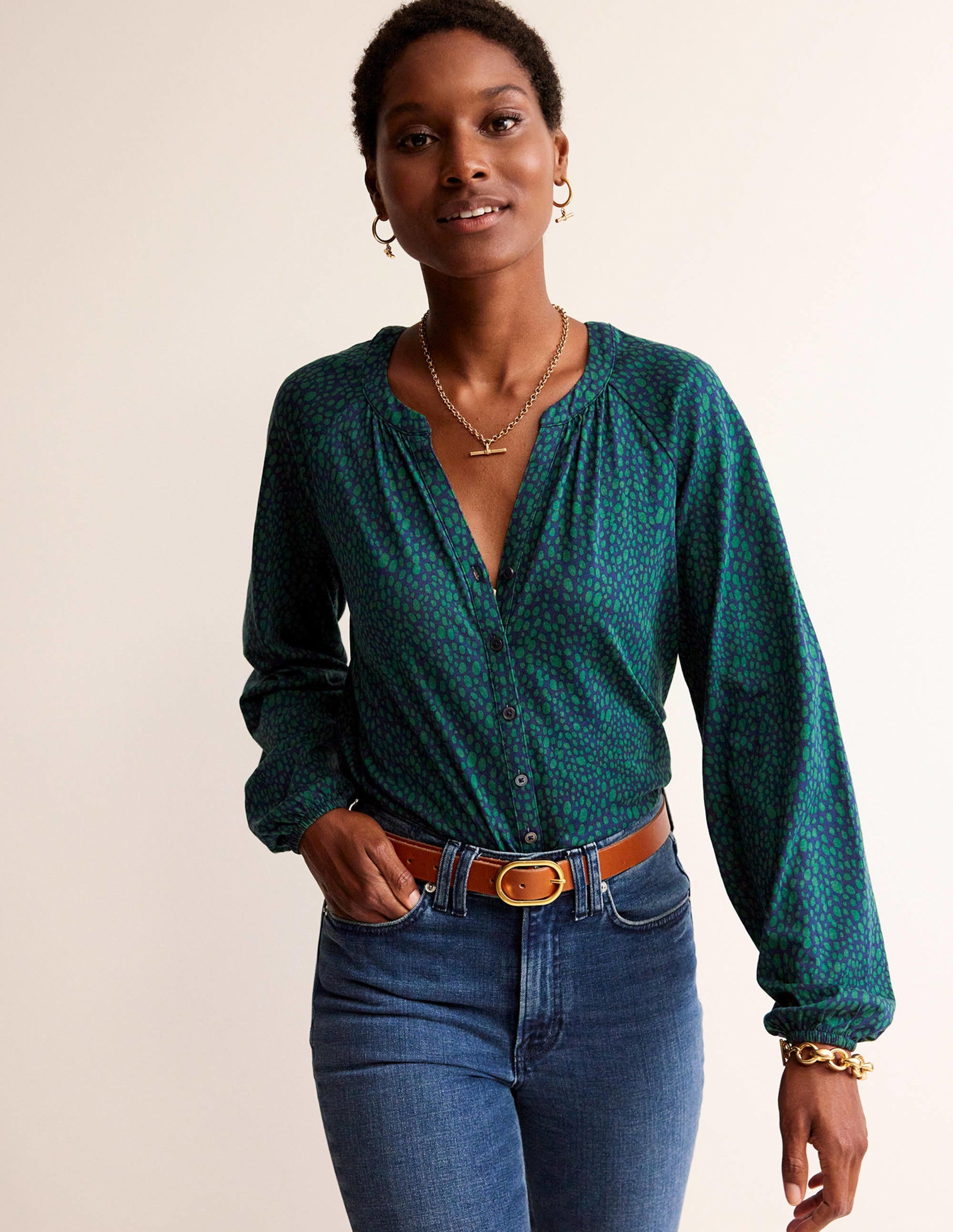 Printed Gather-Detail Shirt-Amazon Green , Animal Spot - Image 1