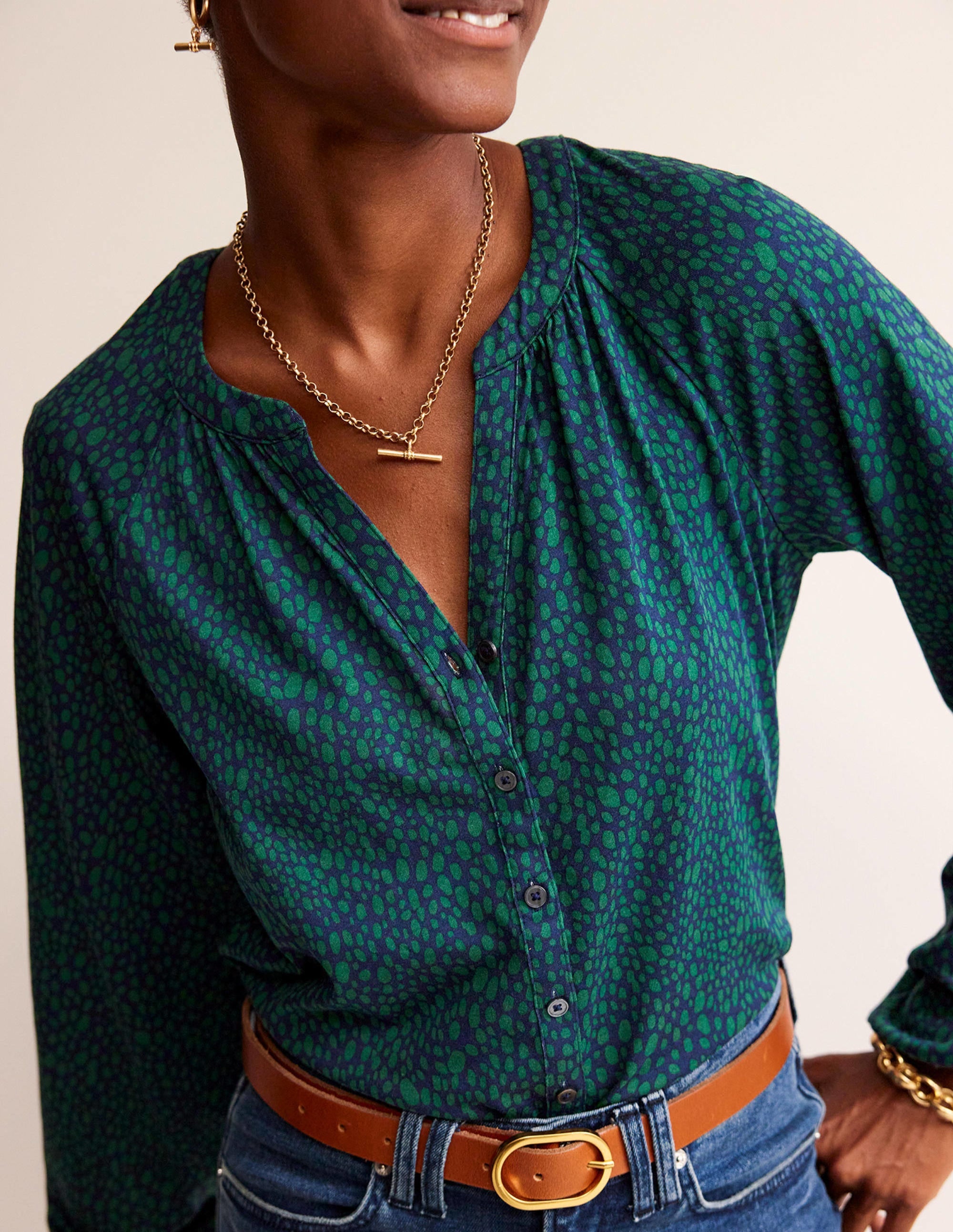 Printed Gather-Detail Shirt-Amazon Green , Animal Spot - Image 2