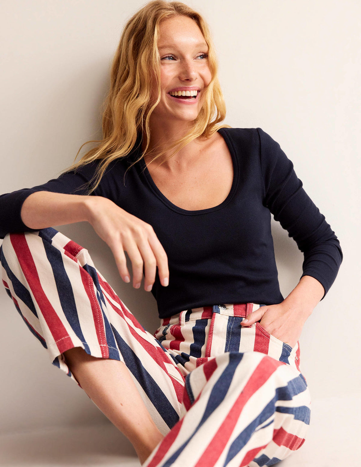 Cotton Rib Scoop Neck Top-Navy - Image 1