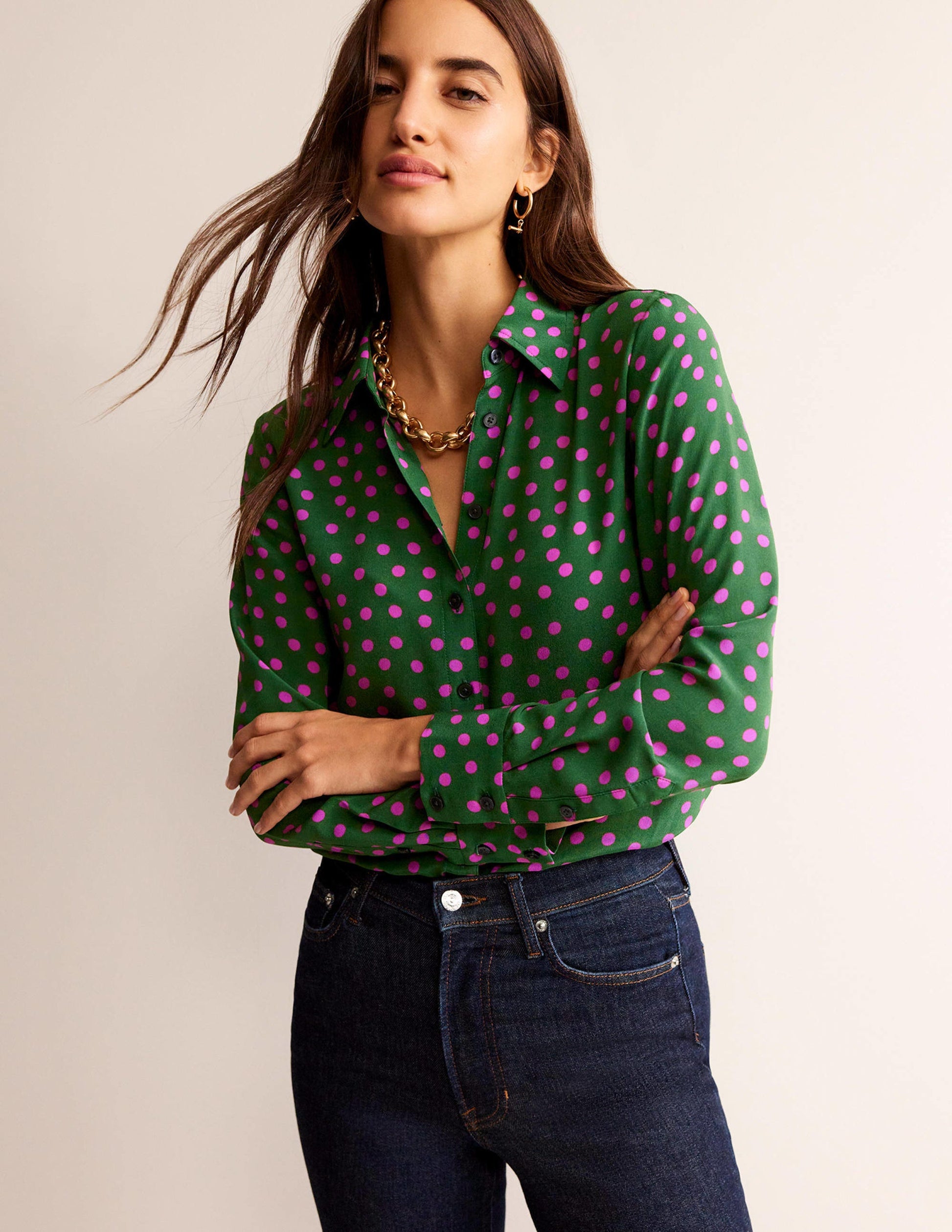 Sienna Silk Shirt-Amazon Green, Dotty Spot-1
