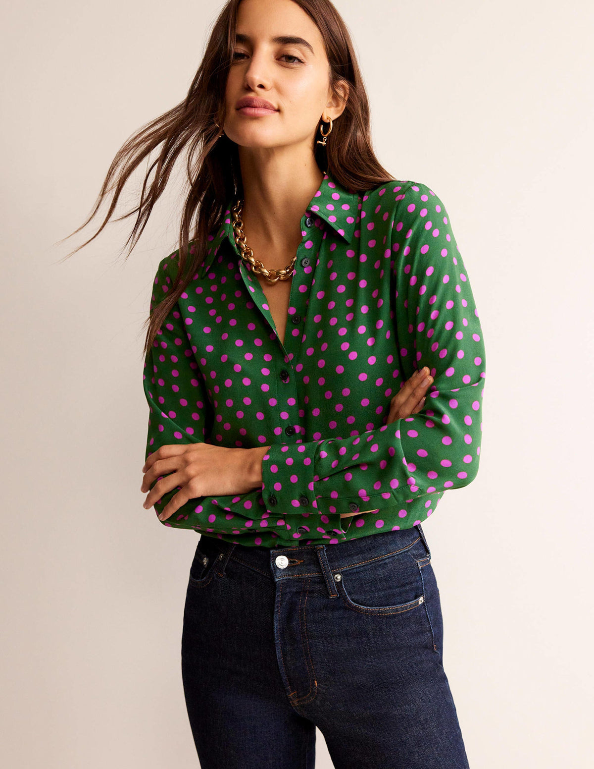 Sienna Silk Shirt-Amazon Green, Dotty Spot - Image 1