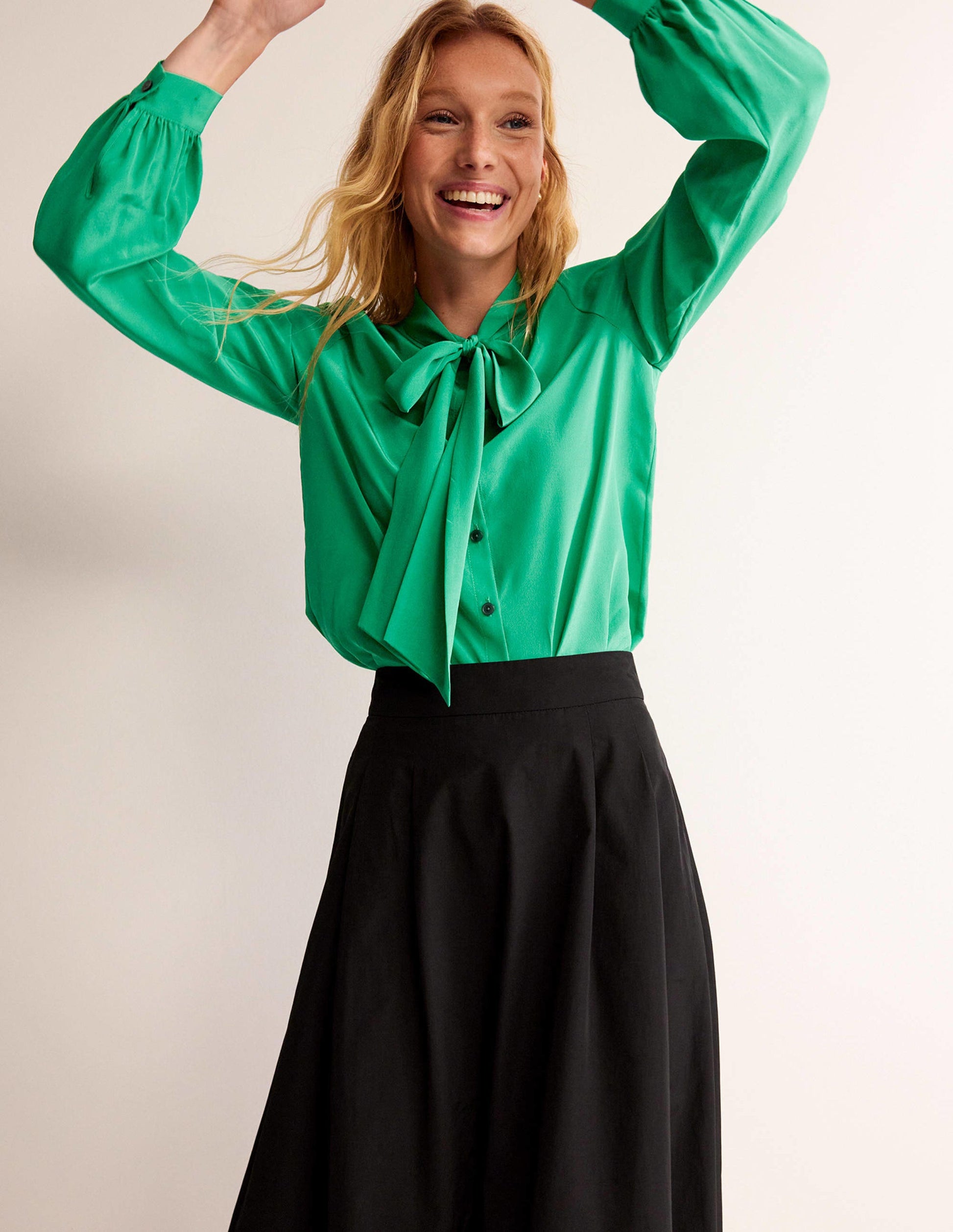 Bow-Neck Button-Down Blouse-Veridian Green-1