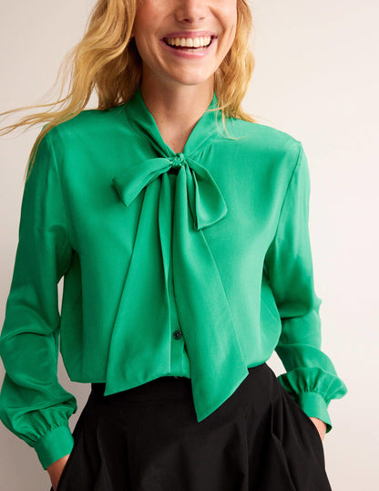 Bow-Neck Button-Down Blouse-Veridian Green-2