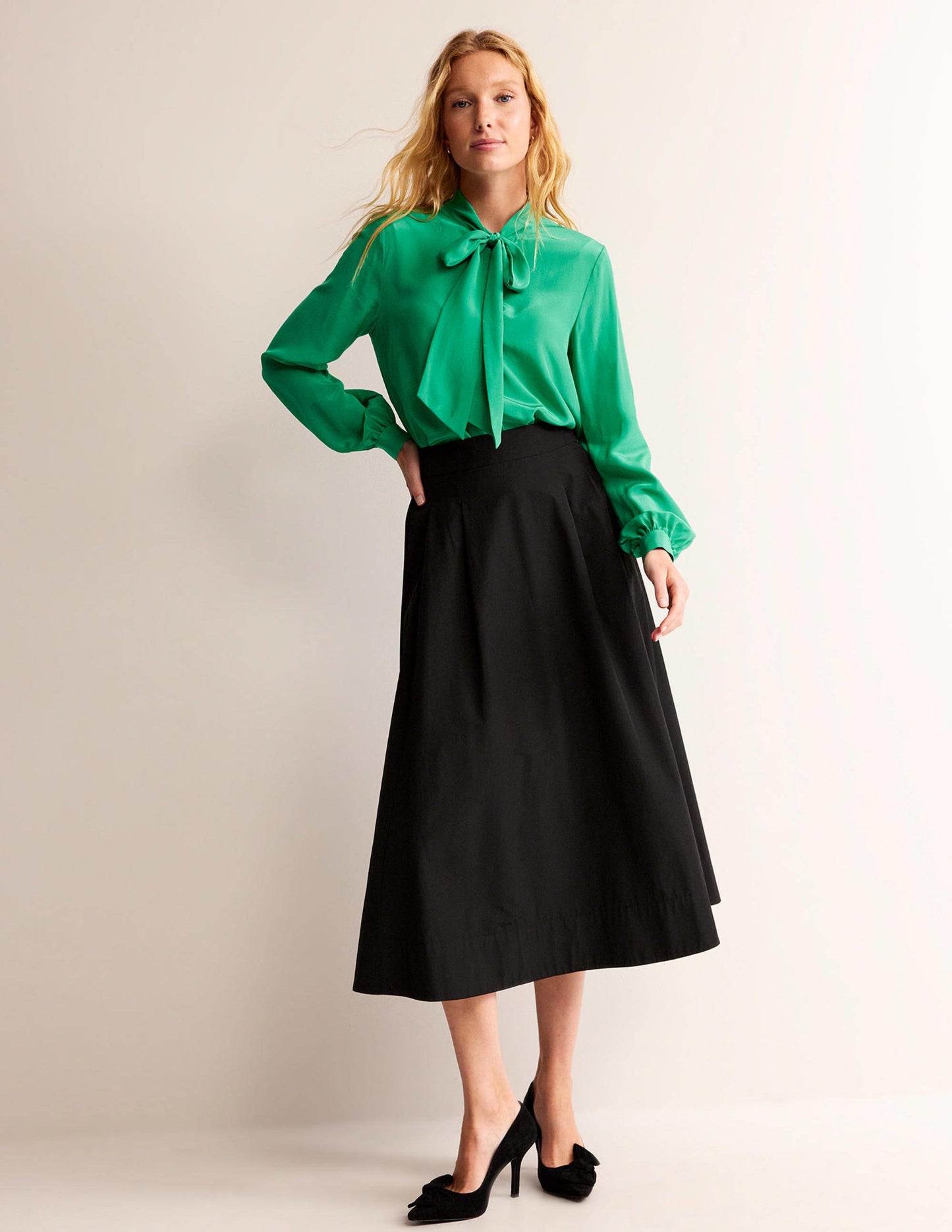 Bow-Neck Button-Down Blouse-Veridian Green