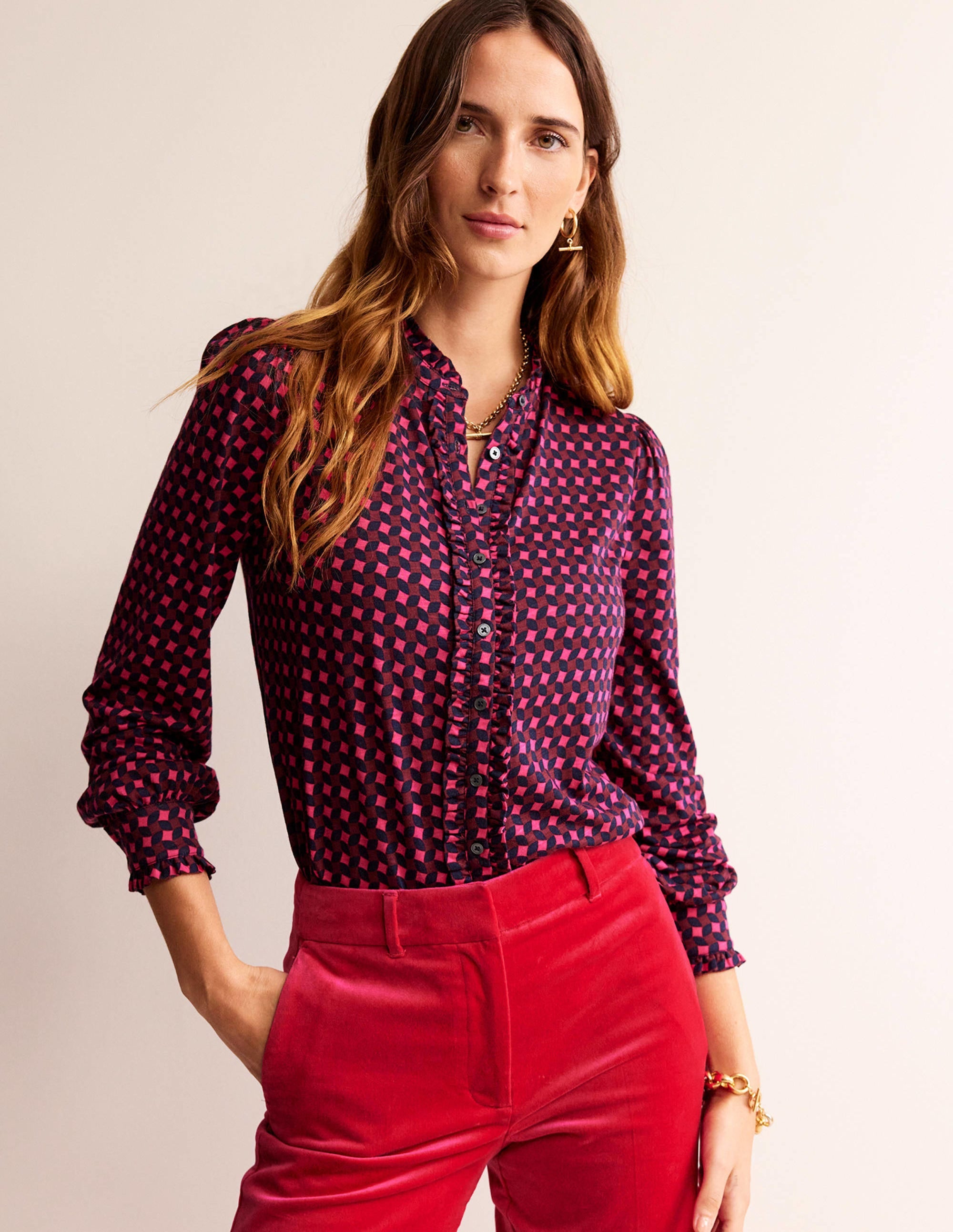 Caroline Jersey Shirt-Vibrant Pink, Abstract Diamond - Image 1