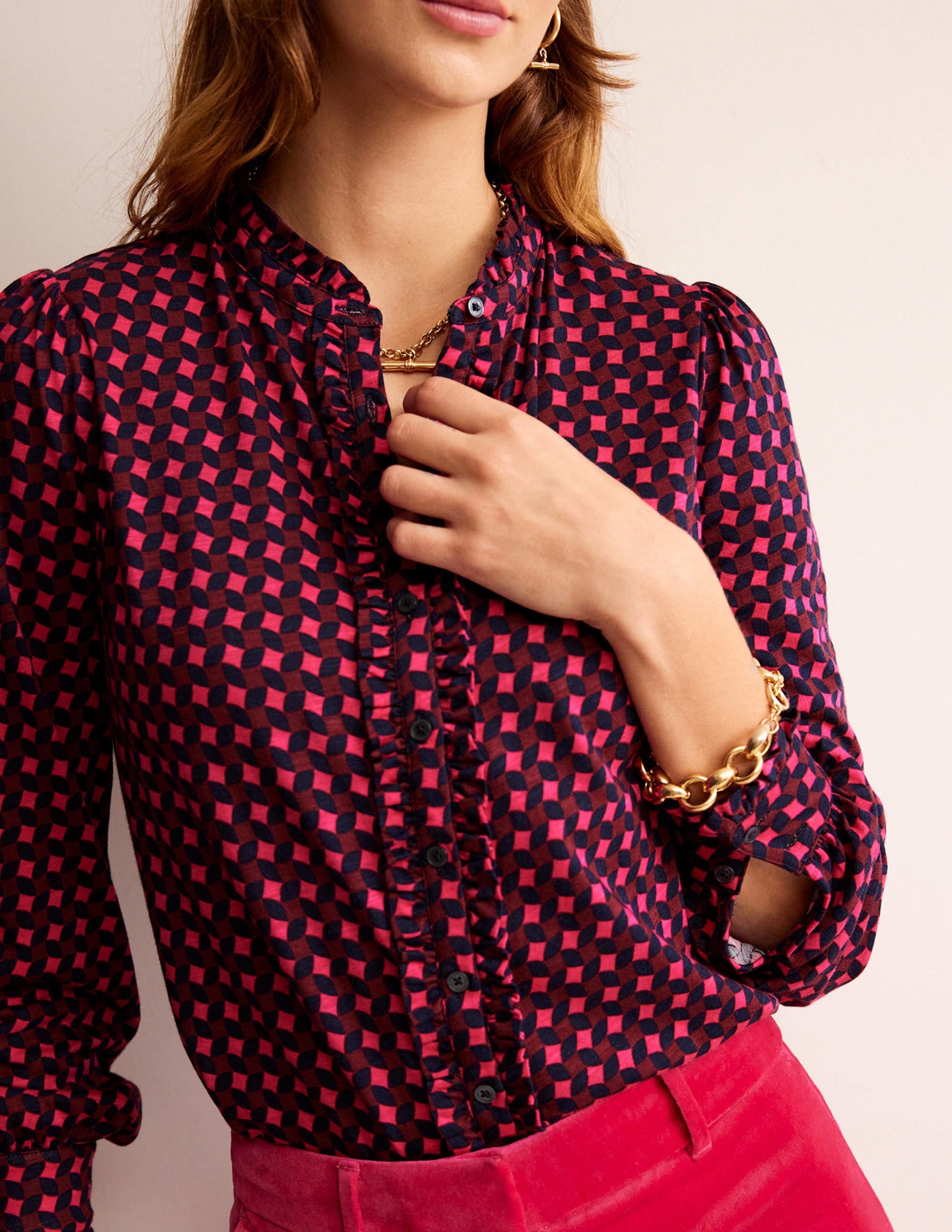 Caroline Jersey Shirt-Vibrant Pink, Abstract Diamond - Image 2
