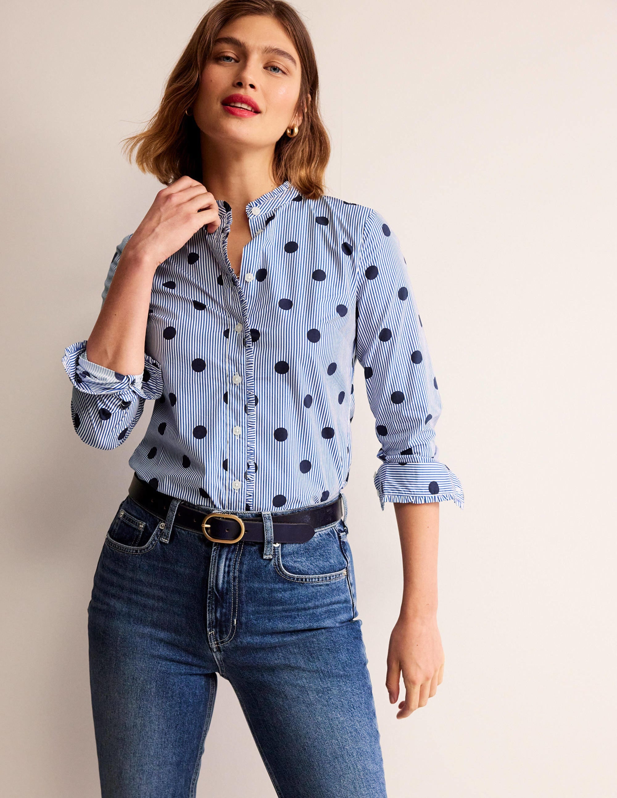 Phoebe Cotton Shirt-Navy, Spot Stripe - Image 1