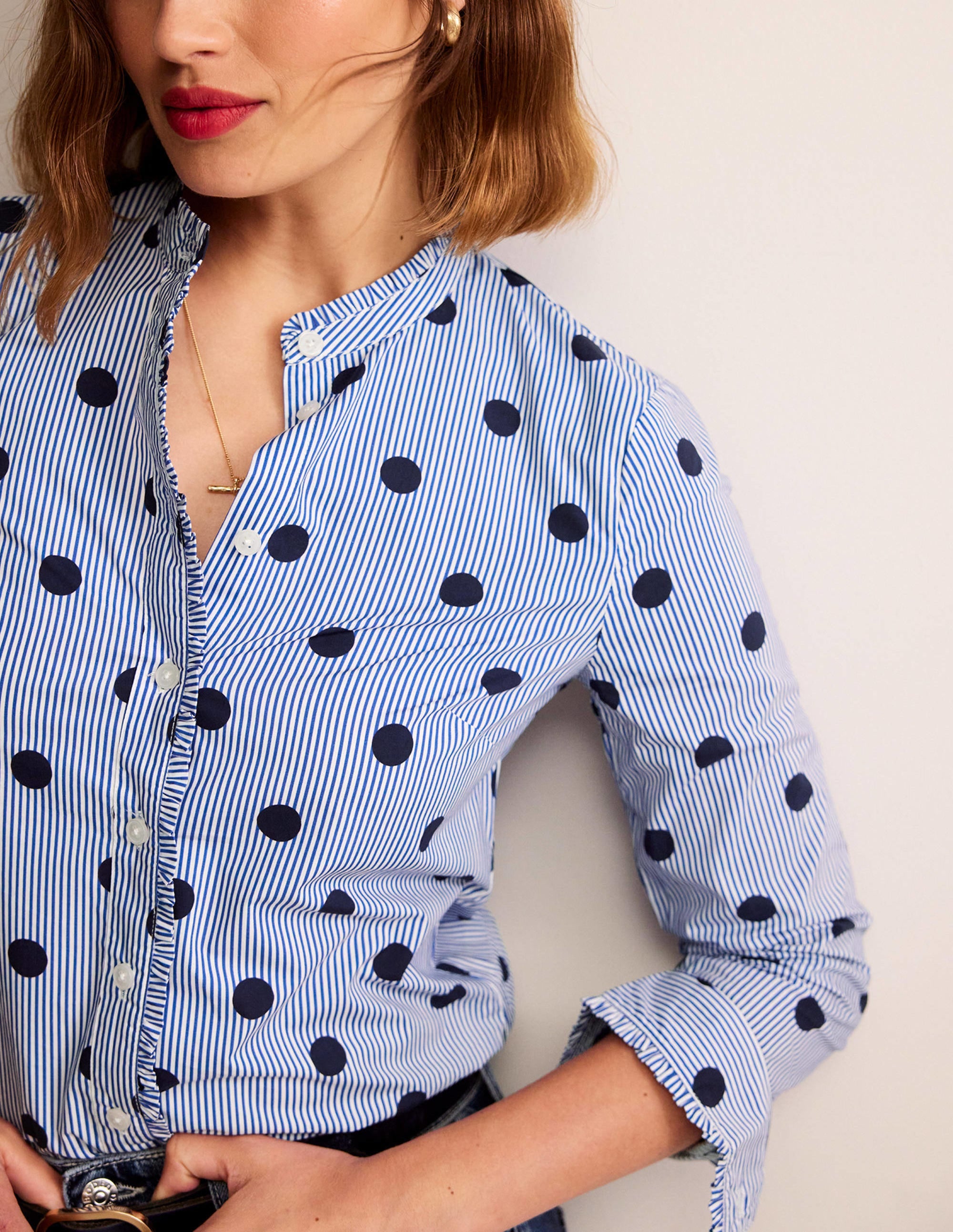 Phoebe Cotton Shirt-Navy, Spot Stripe - Image 2