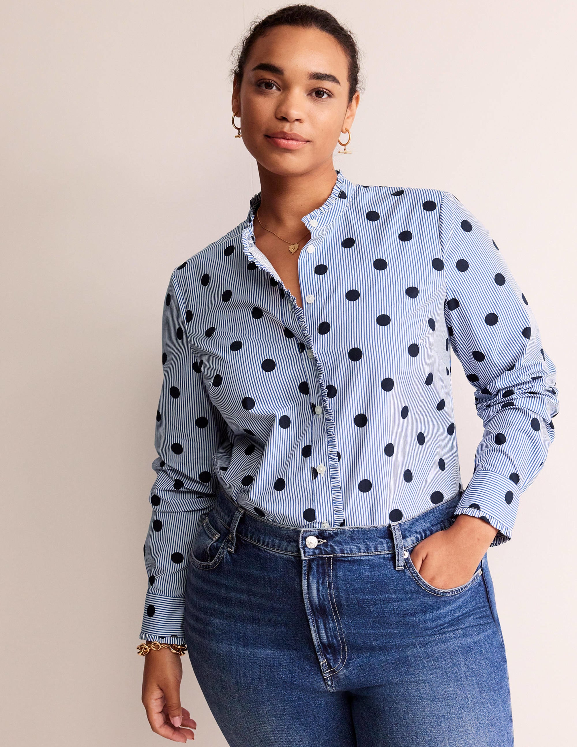 Phoebe Cotton Shirt-Navy, Spot Stripe - Image 5