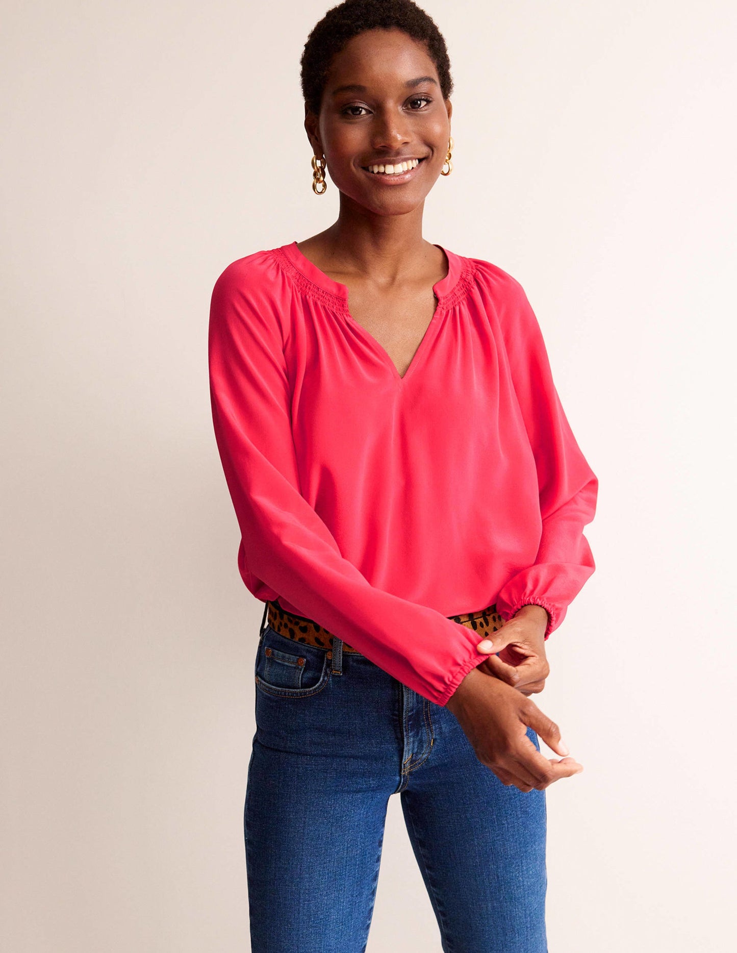 Gathered Neck Silk Blouse-Pop Peony