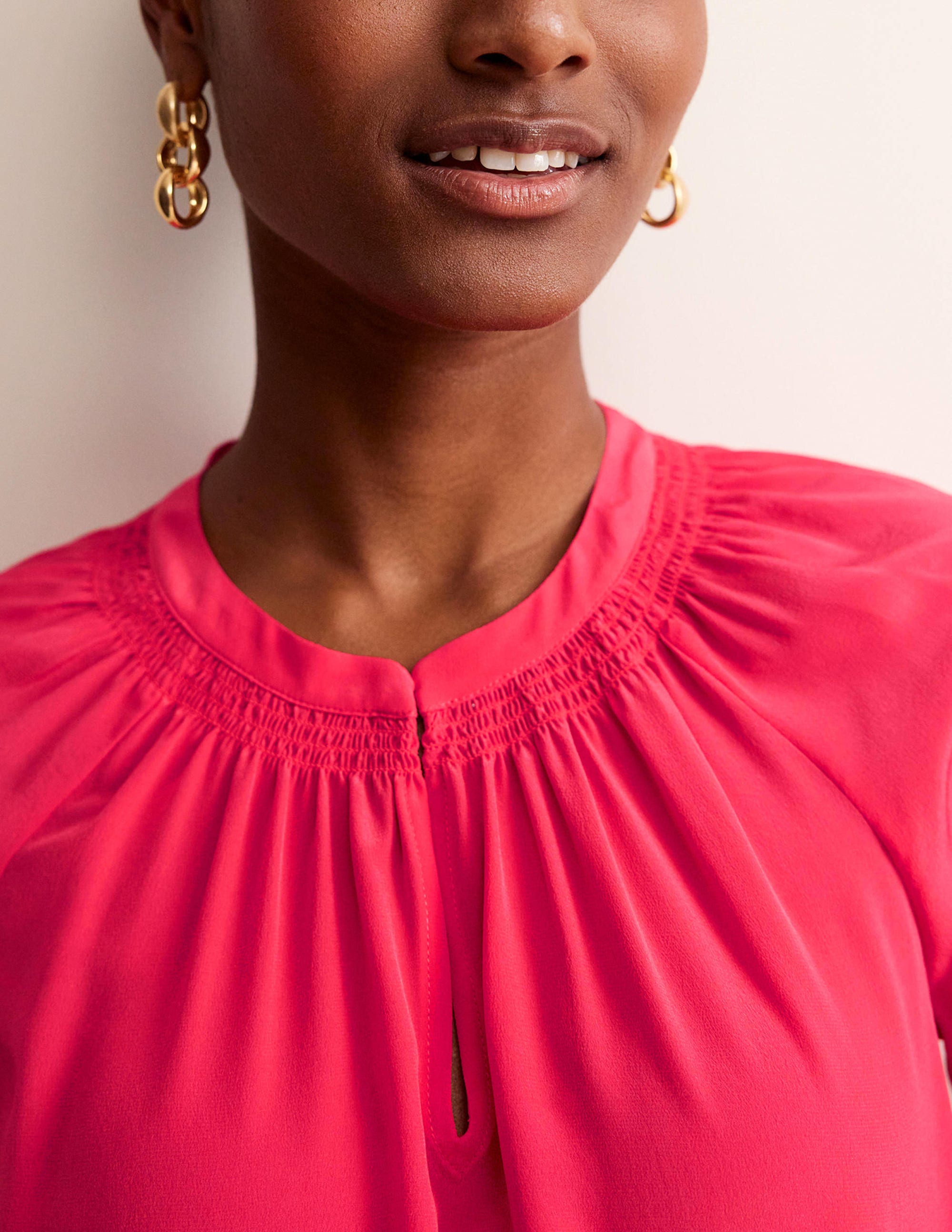 Gathered Neck Silk Blouse-Pop Peony - Image 2
