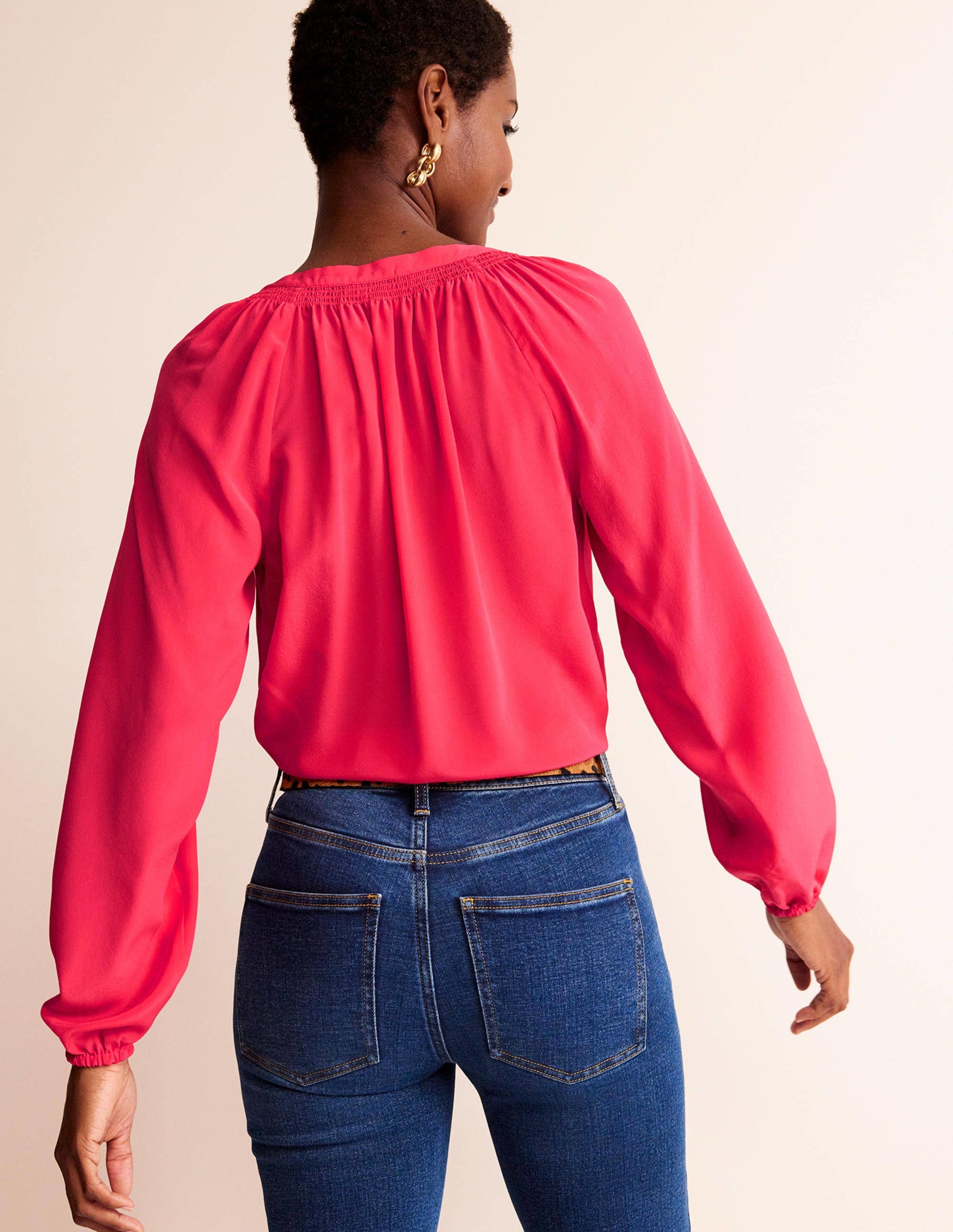 Gathered Neck Silk Blouse-Pop Peony-3