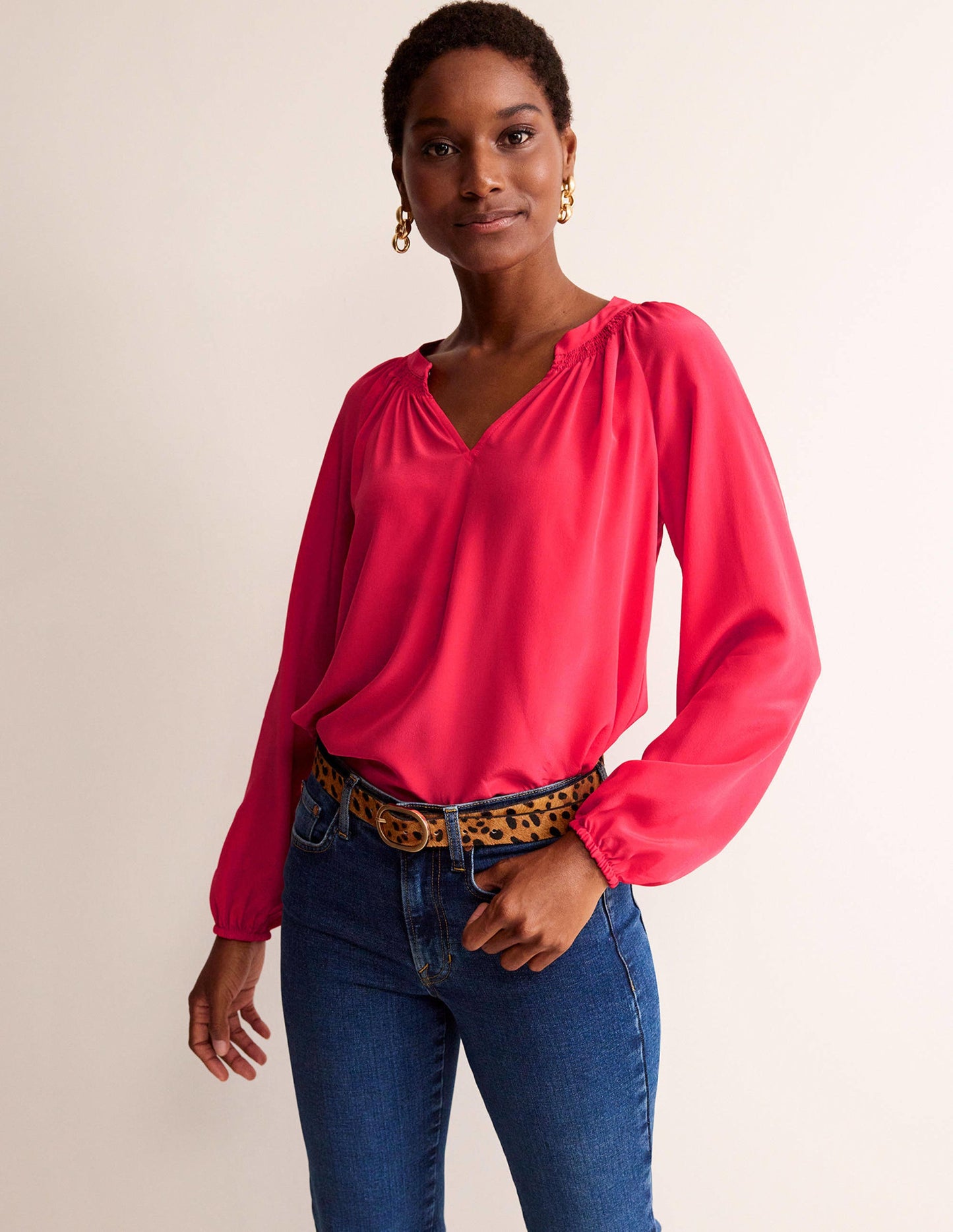 Gathered Neck Silk Blouse-Pop Peony