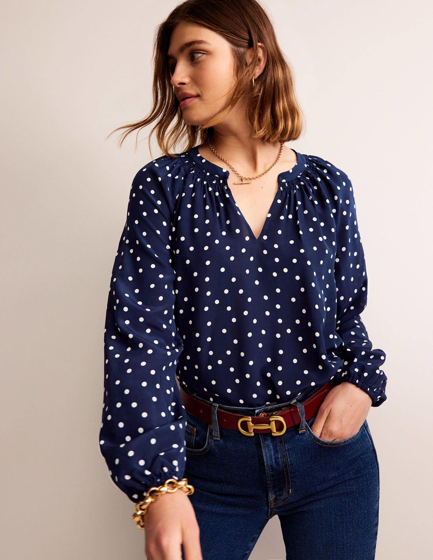 Gathered Neck Silk Blouse-Navy Spot