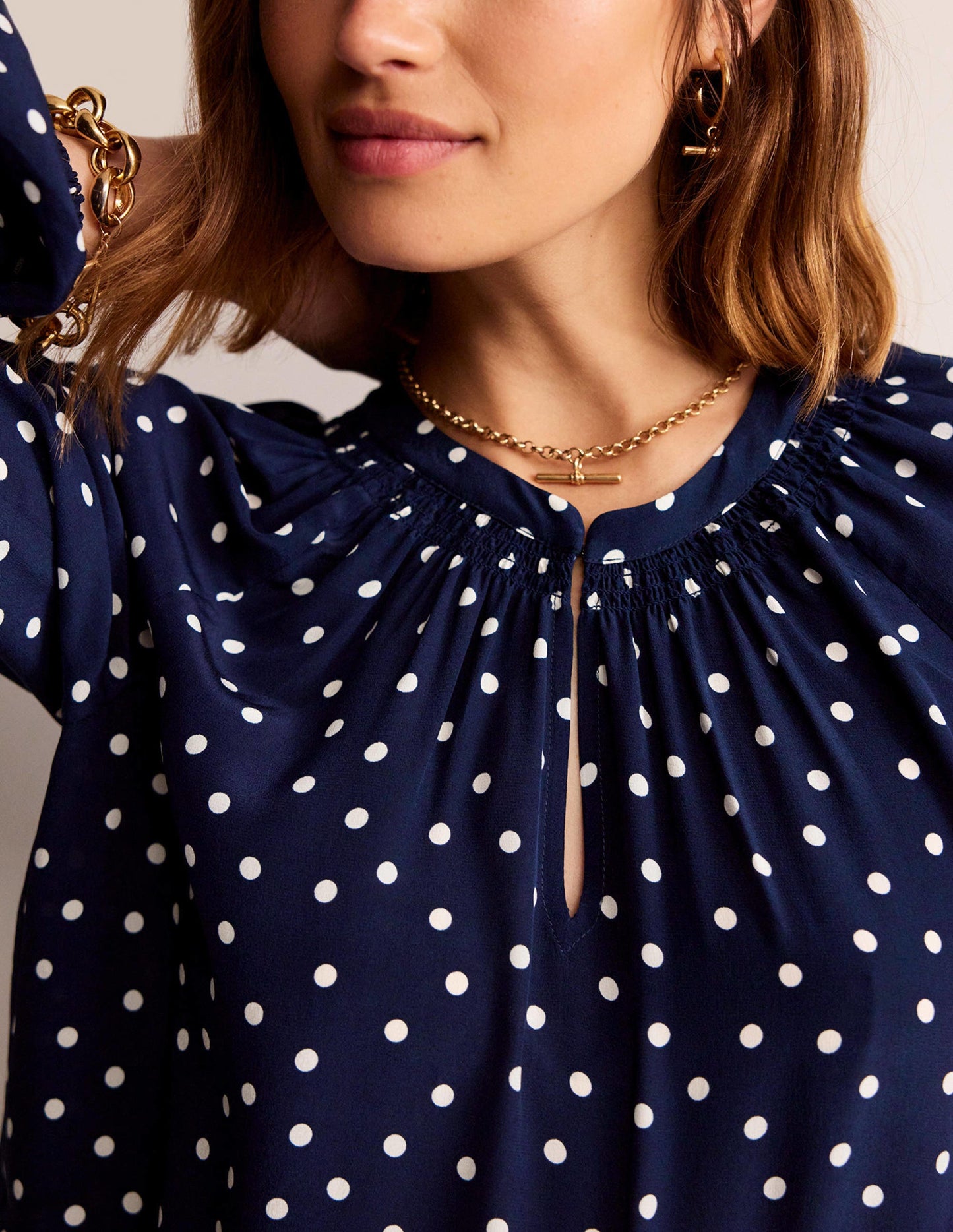 Gathered Neck Silk Blouse-Navy Spot