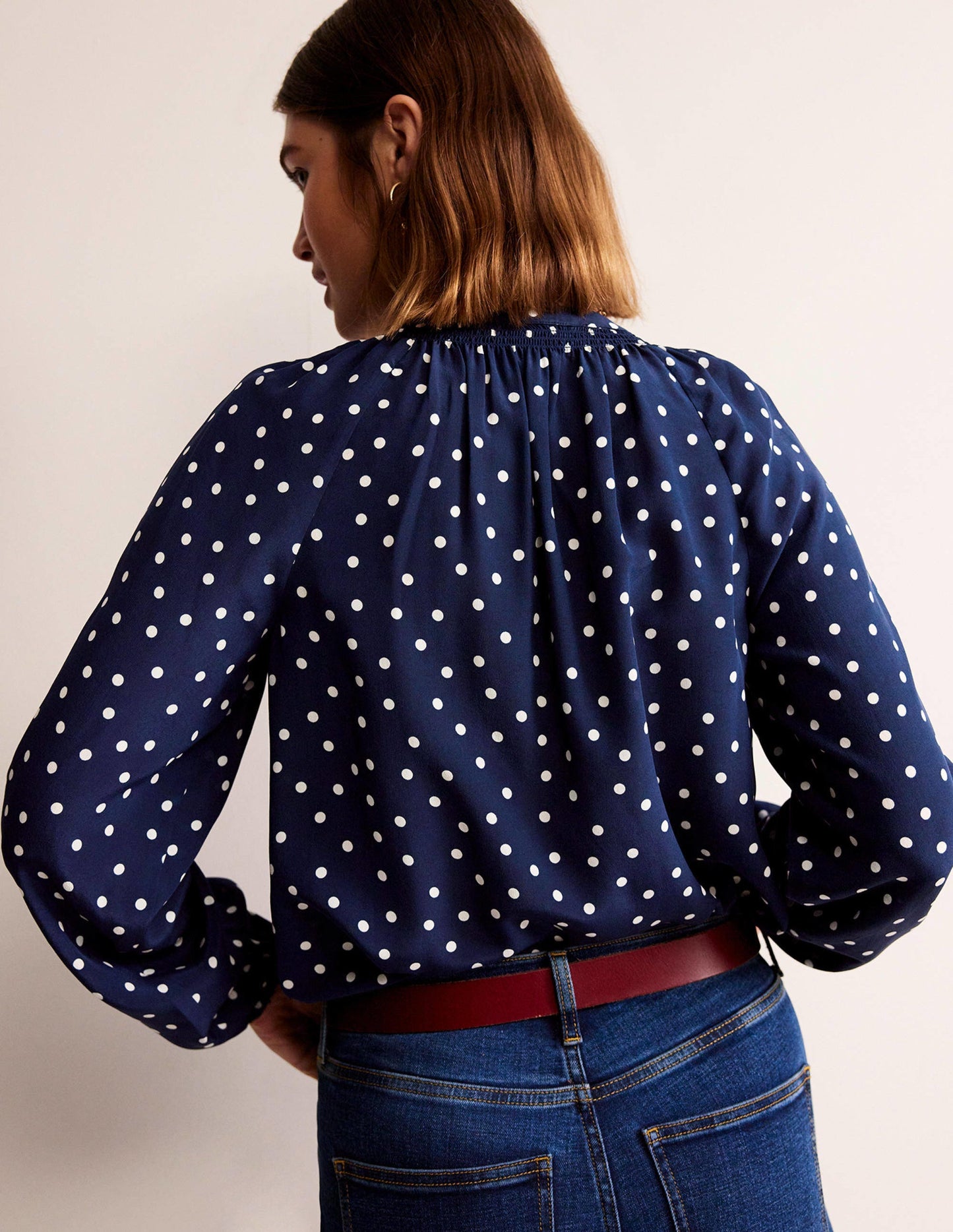 Gathered Neck Silk Blouse-Navy Spot