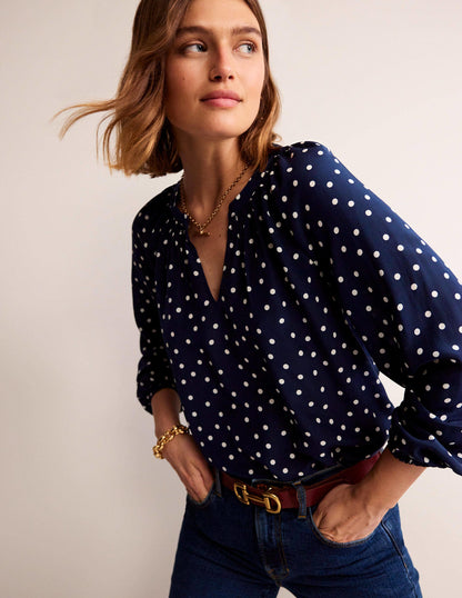 Gathered Neck Silk Blouse-Navy Spot-4