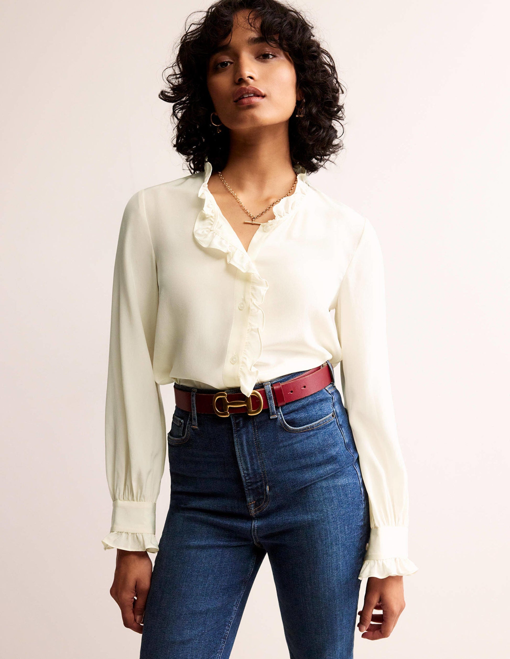 Ruffle Neck Silk Blouse-Ivory-1