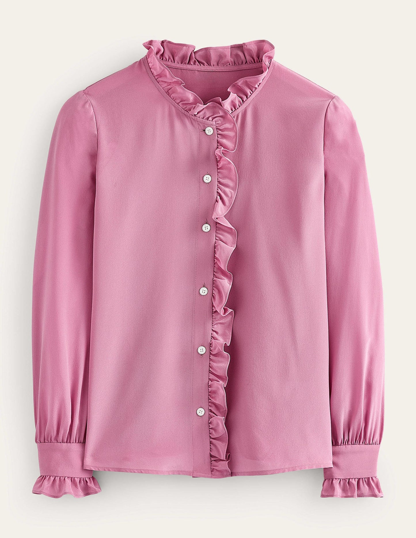 Ruffle Neck Silk Blouse-Strawberry Sherbet
