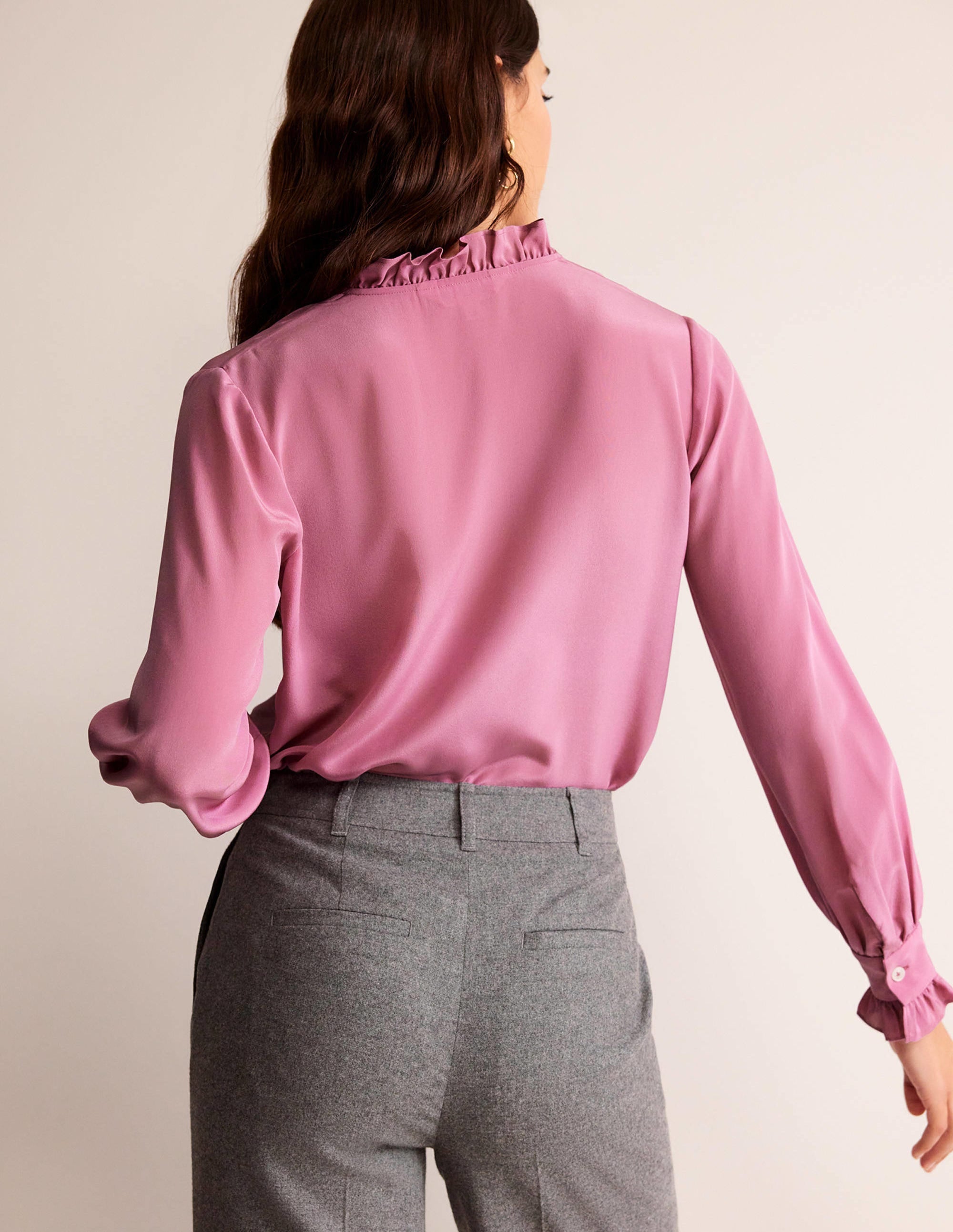 Ruffle Neck Silk Blouse-Strawberry Sherbet - Image 3