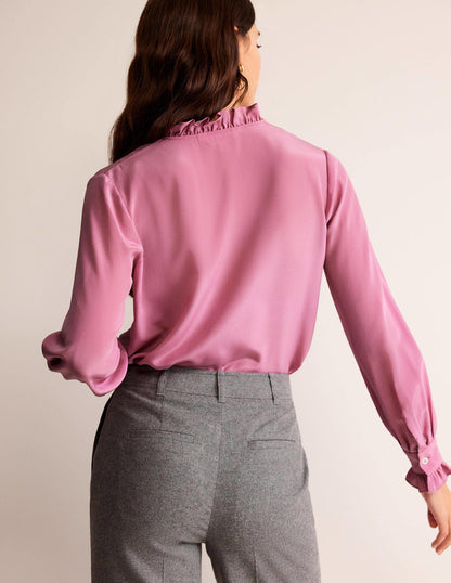 Ruffle Neck Silk Blouse-Strawberry Sherbet-3