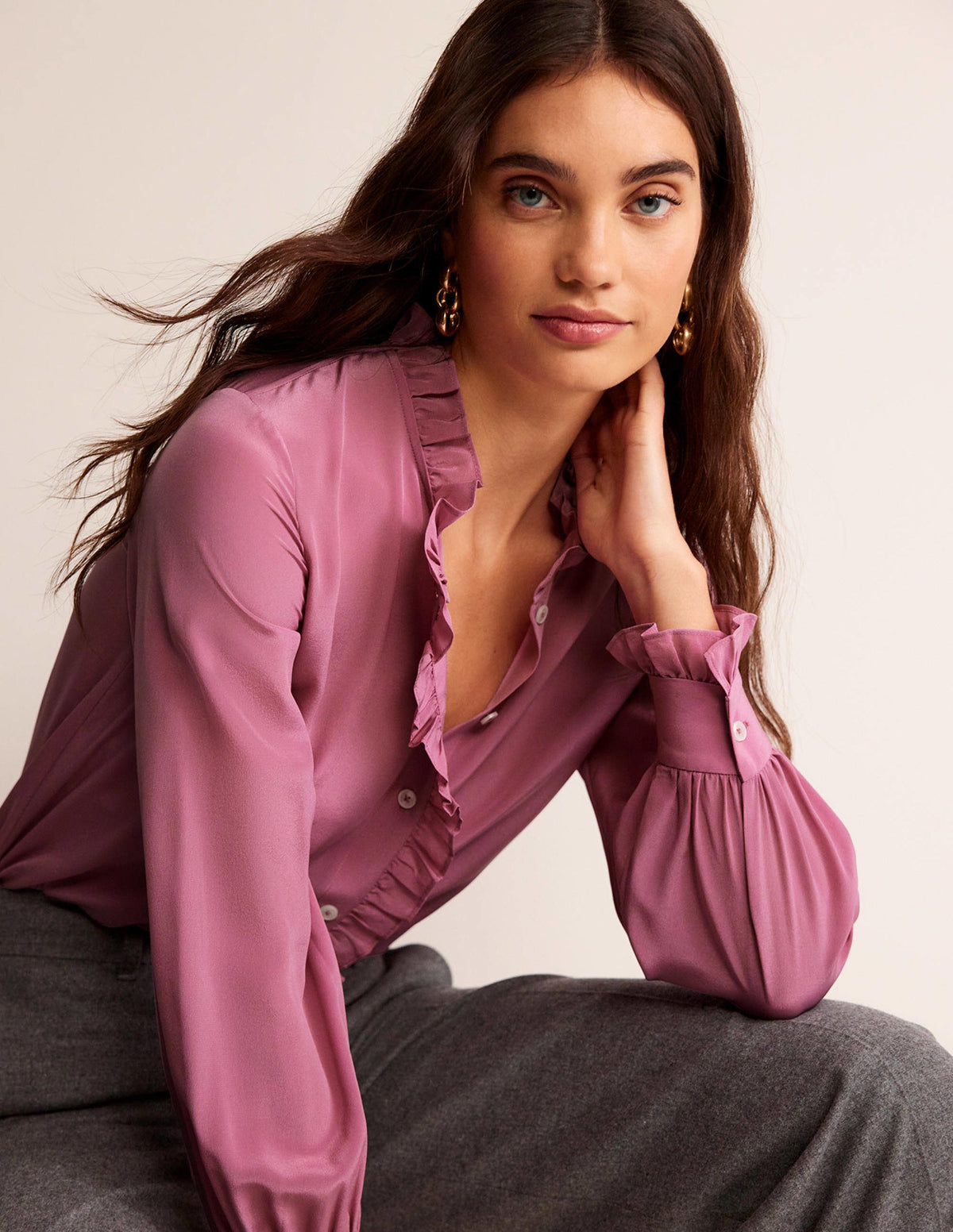 Ruffle Neck Silk Blouse-Strawberry Sherbet - Image 4