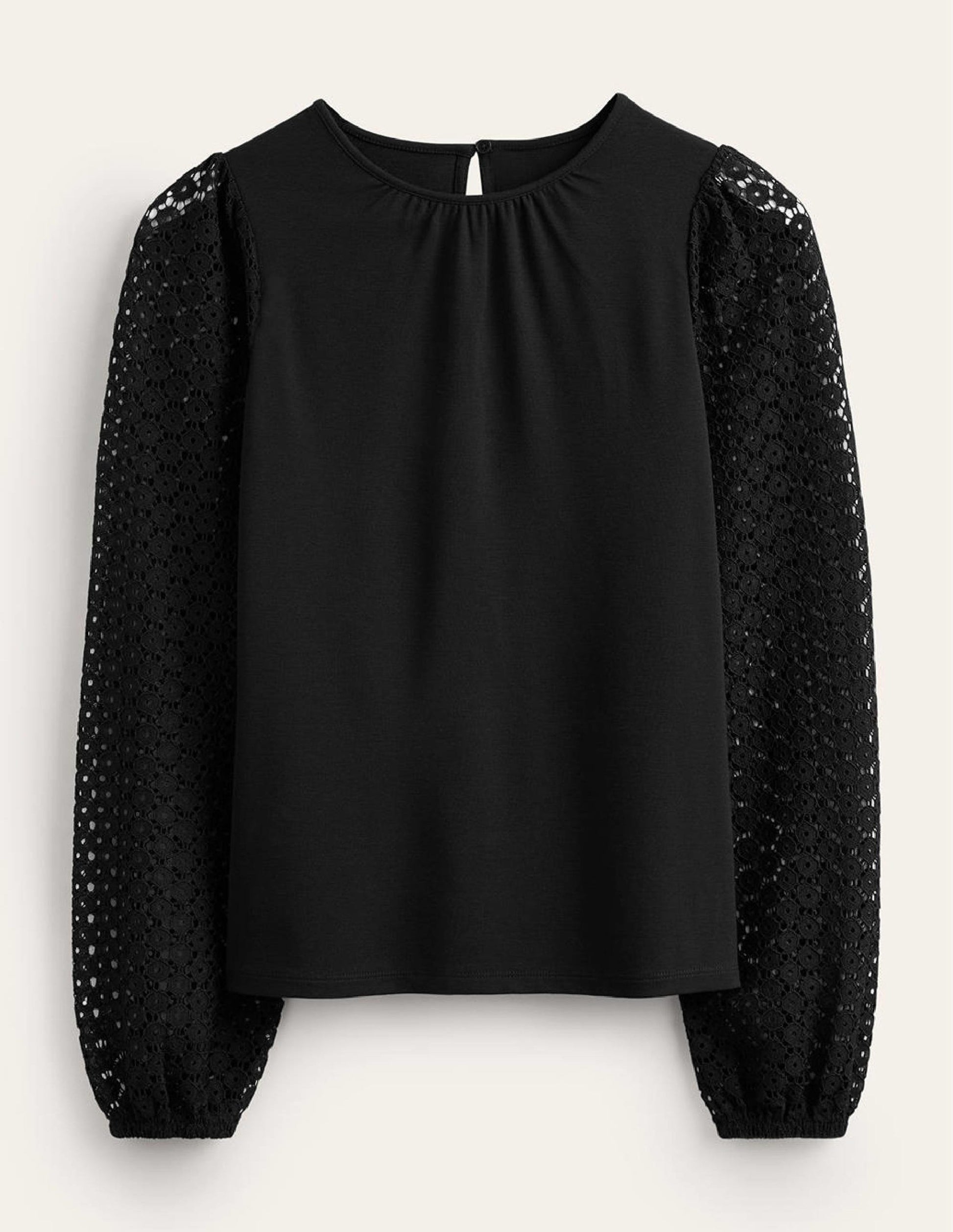 Crew Neck Lace-Sleeve Top-Black-6