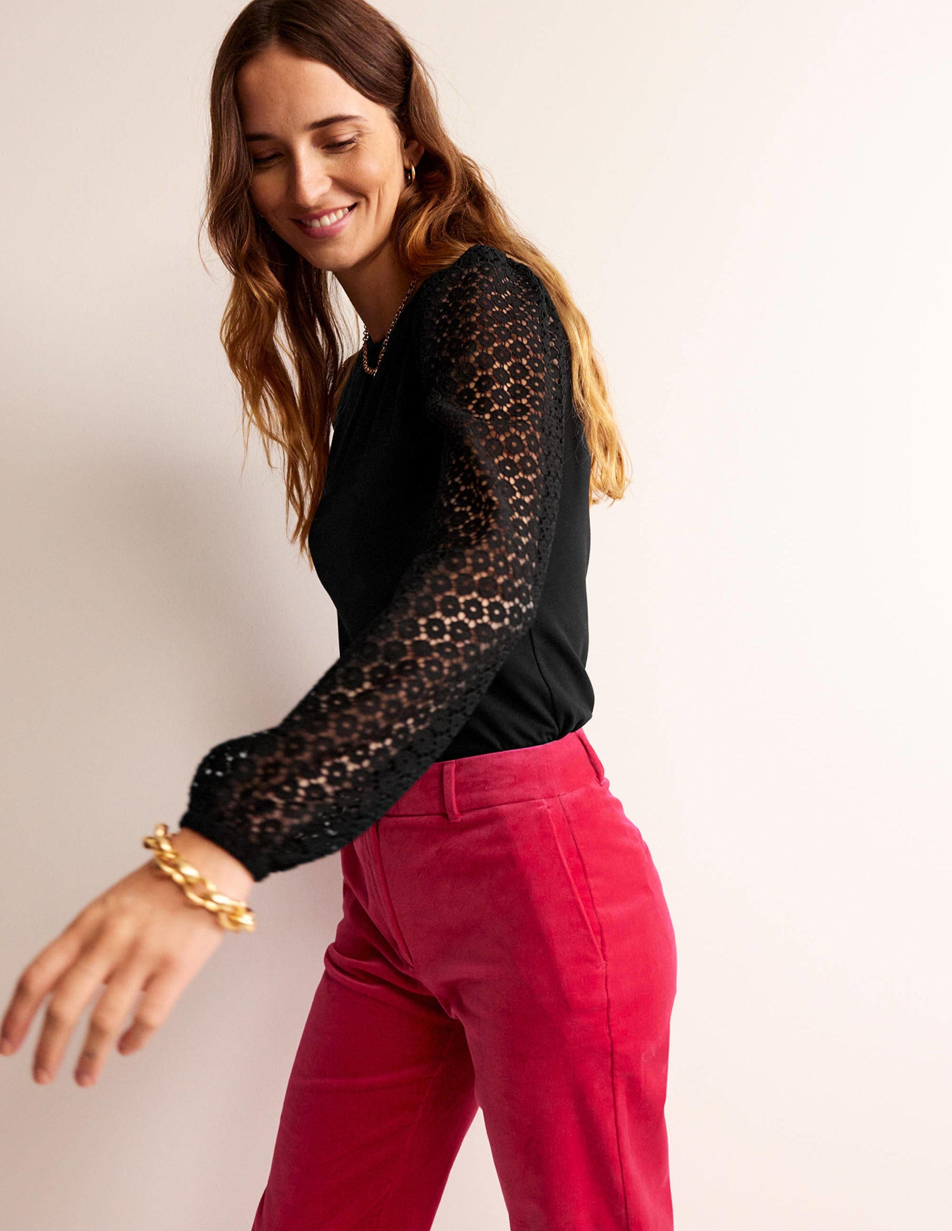 Crew Neck Lace-Sleeve Top-Black-1