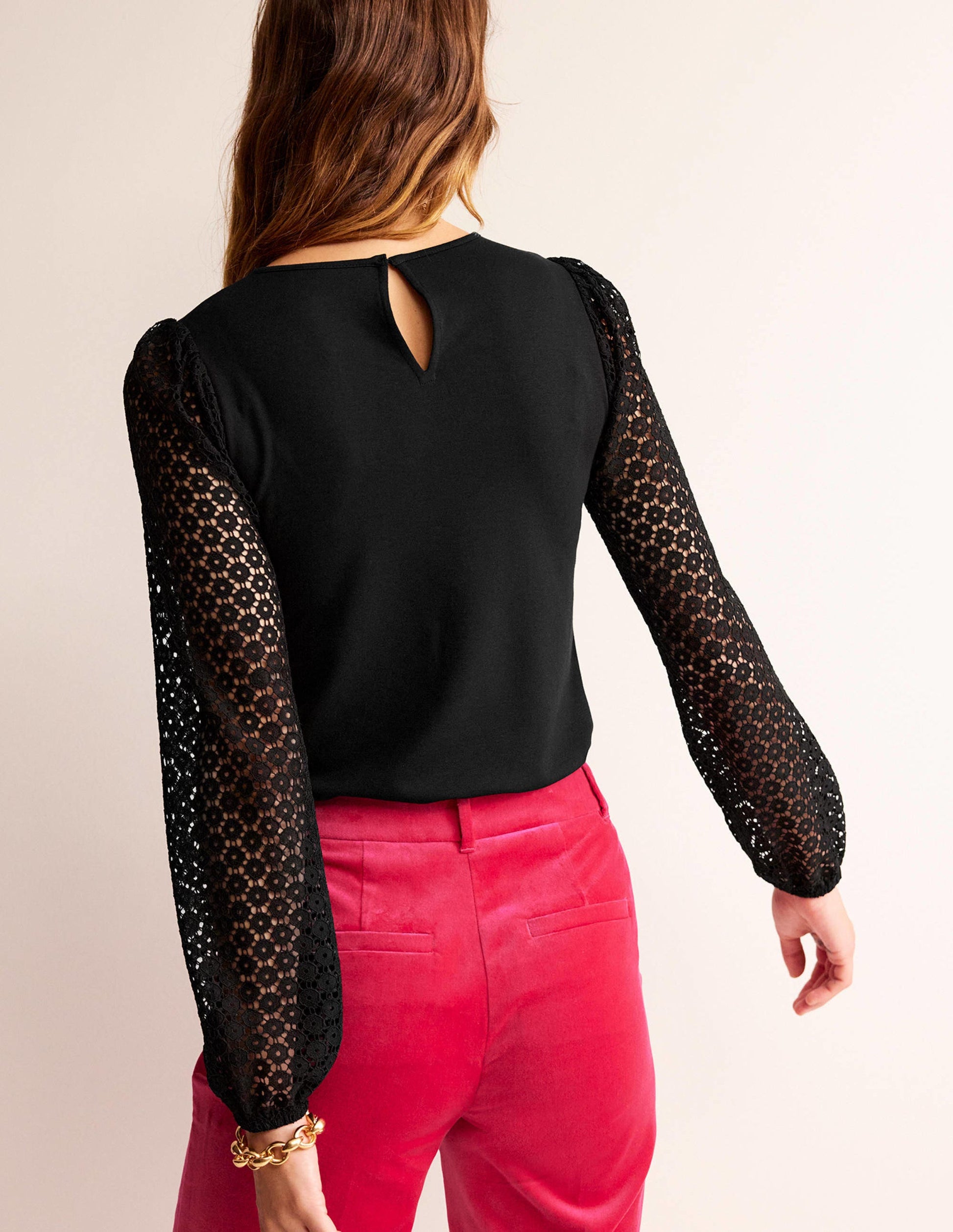 Crew Neck Lace-Sleeve Top-Black-3
