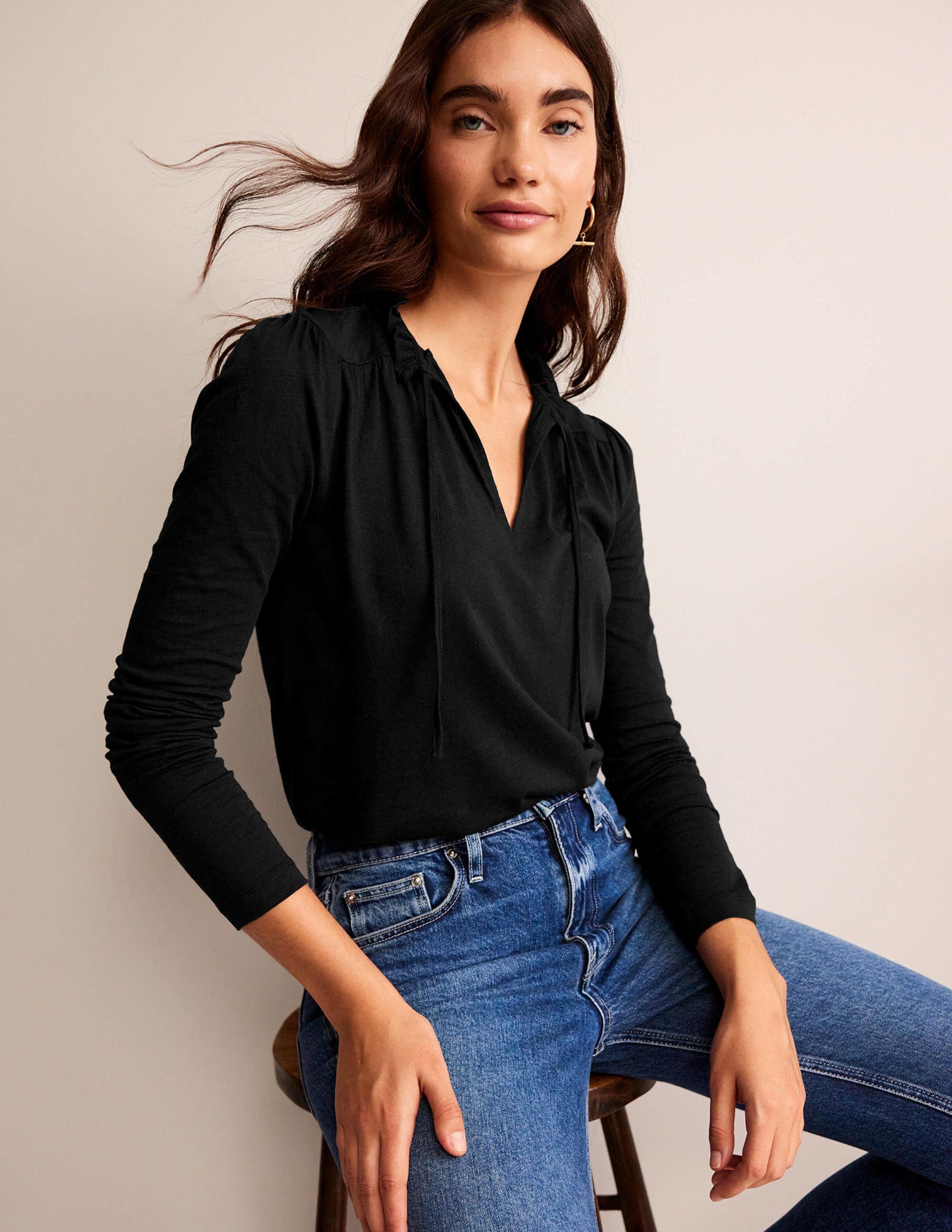 Ruffle V Neck Top-Black - Image 1
