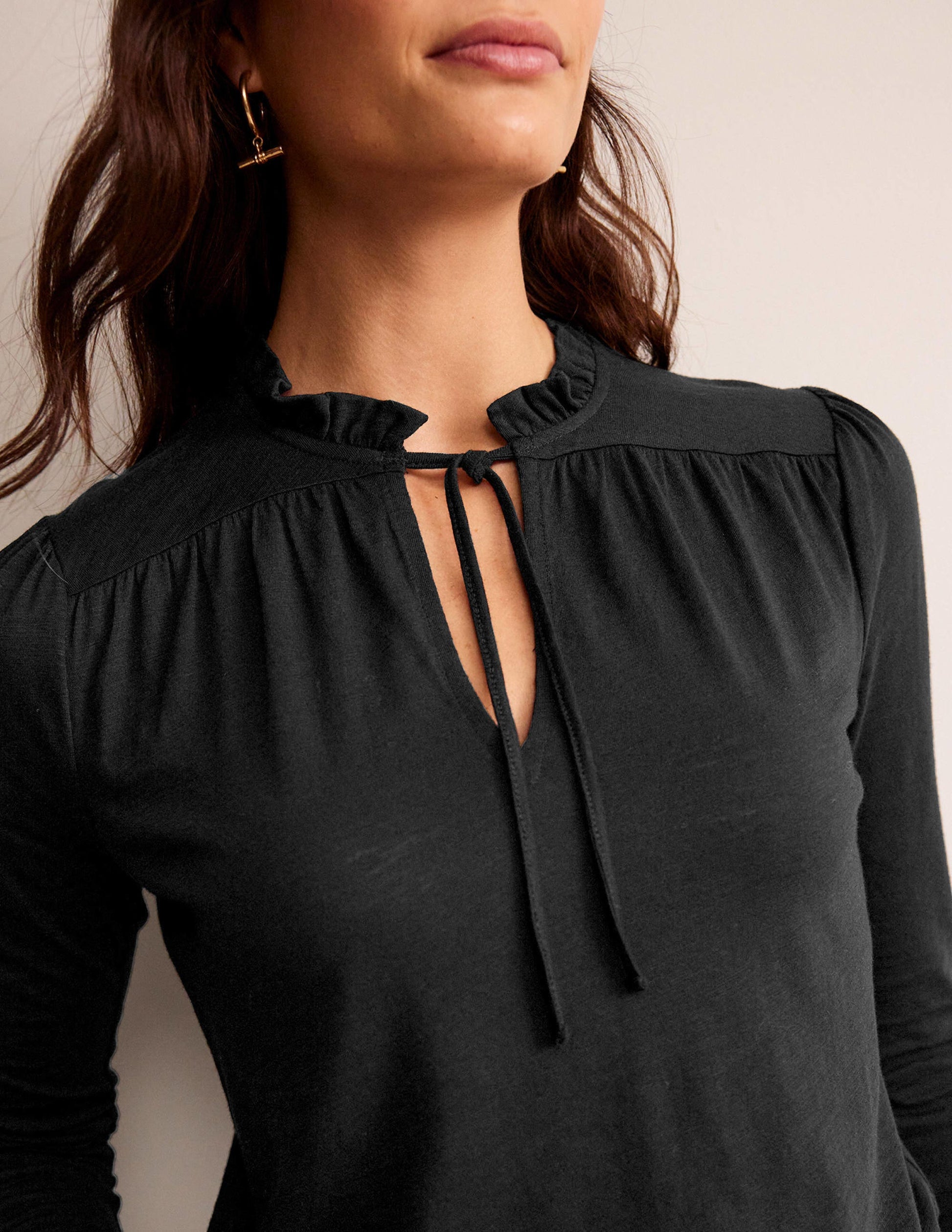 Ruffle V Neck Top-Black-2