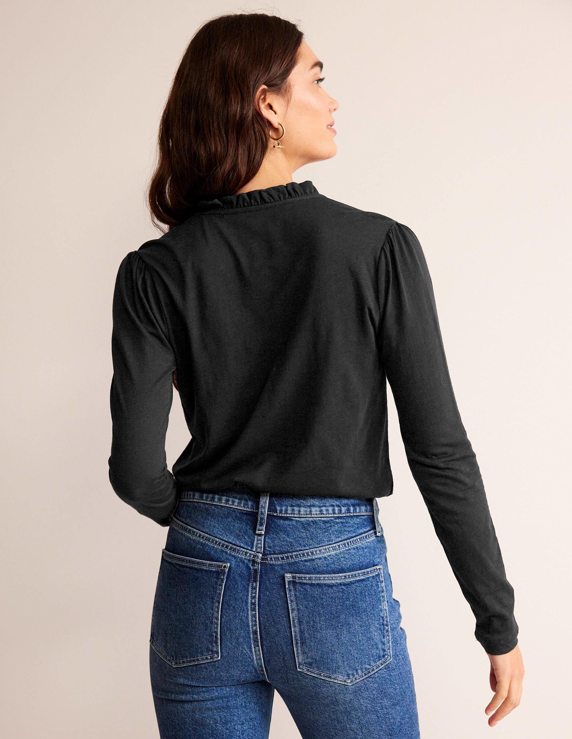 Ruffle V Neck Top-Black - Image 3