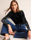 Velvet Frill-Trim Top-Black