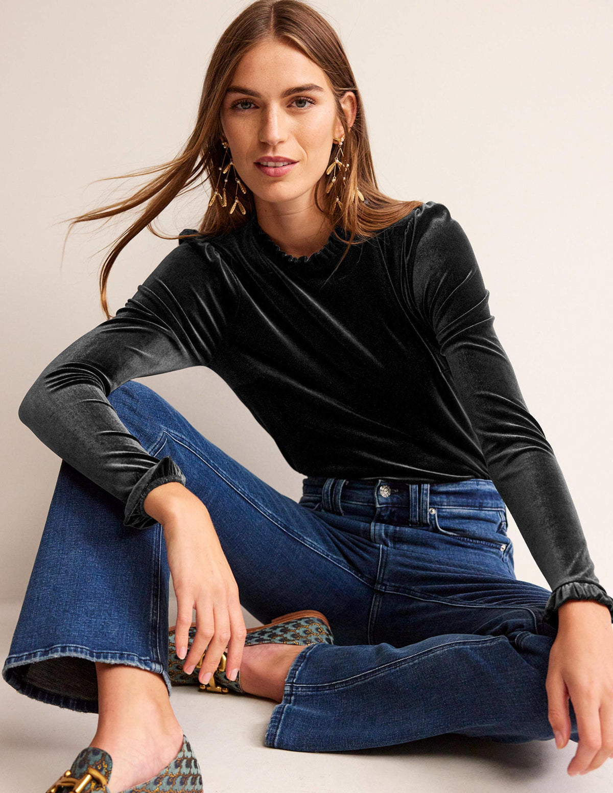 Velvet Frill-Trim Top-Black - Image 1