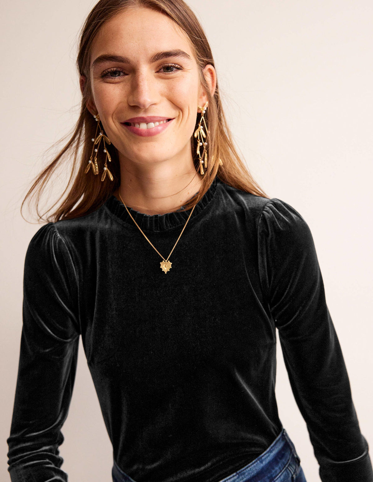 Velvet Frill-Trim Top-Black - Image 2