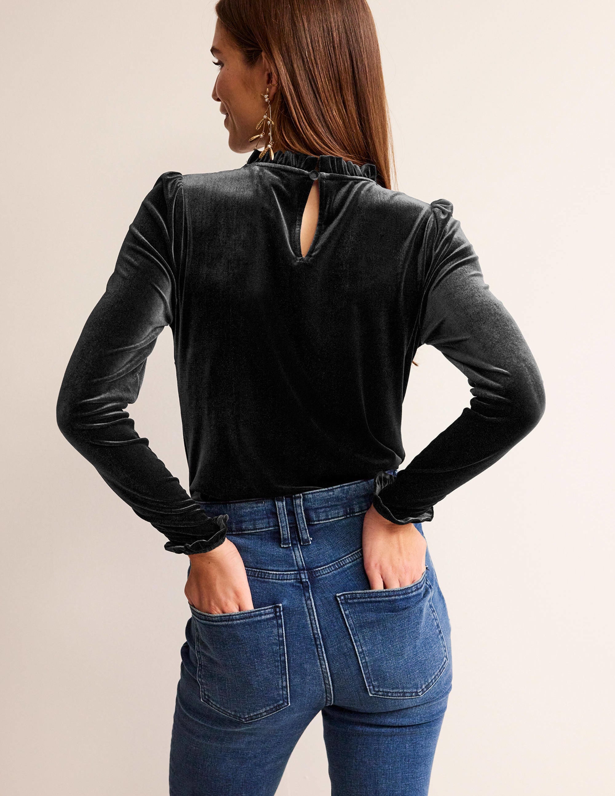 Velvet Frill-Trim Top-Black - Image 3