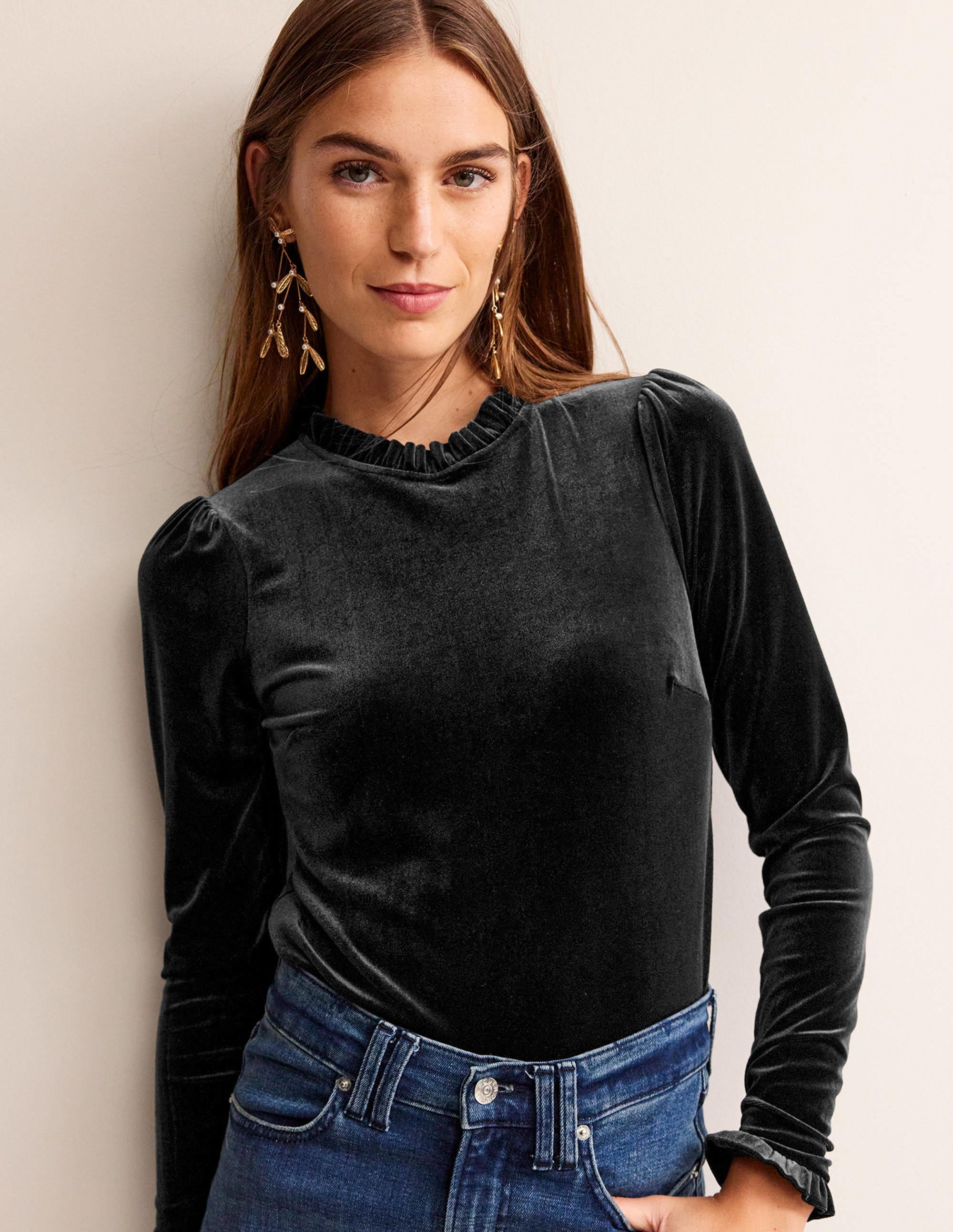 Velvet Frill-Trim Top-Black - Image 4
