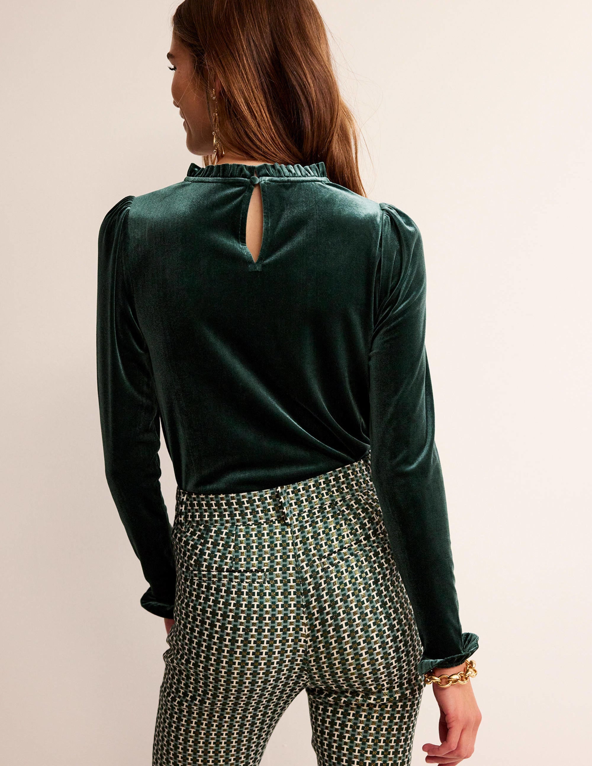 Velvet Frill-Trim Top-Chatsworth Green - Image 3