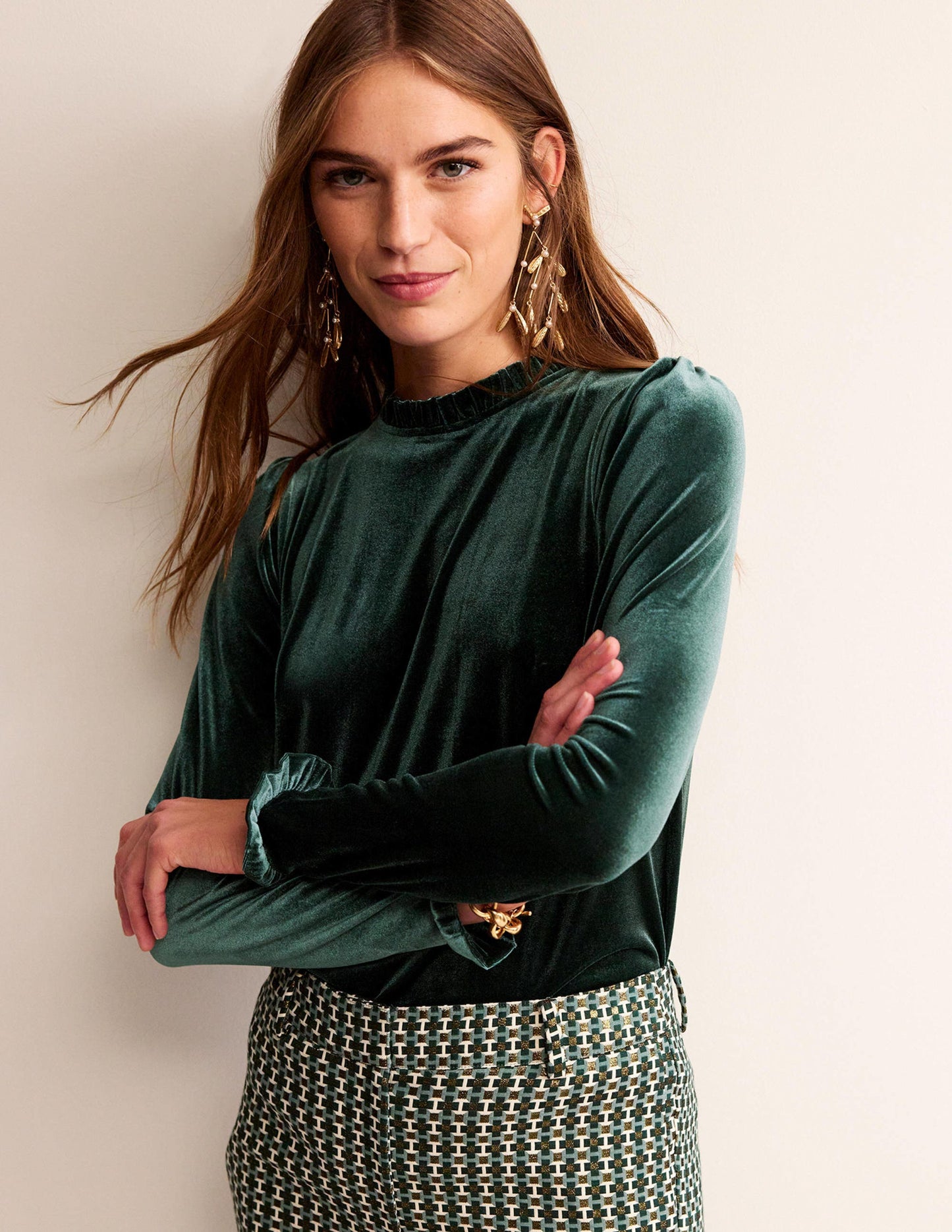 Velvet Frill-Trim Top-Chatsworth Green