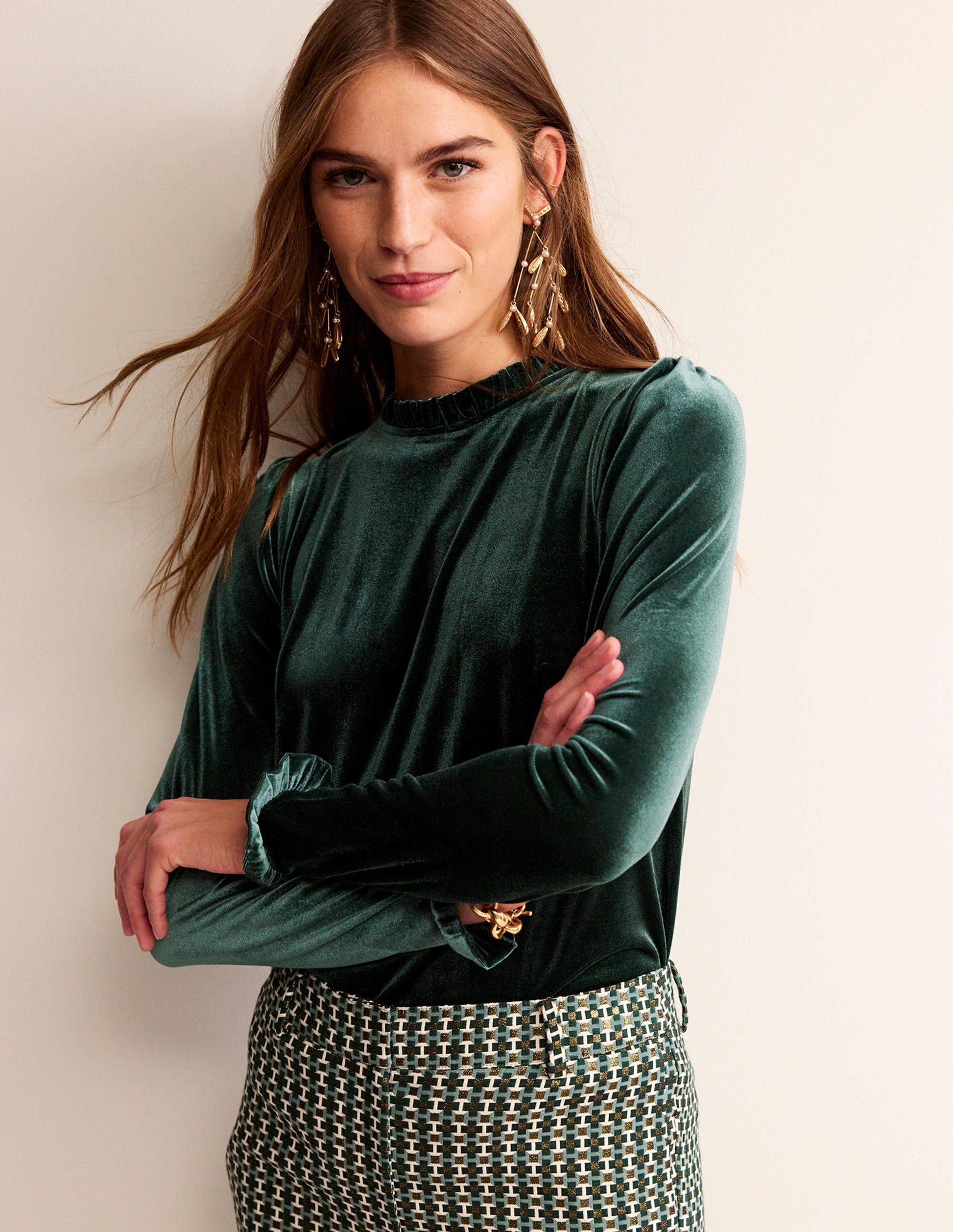 Velvet Frill-Trim Top-Chatsworth Green-4