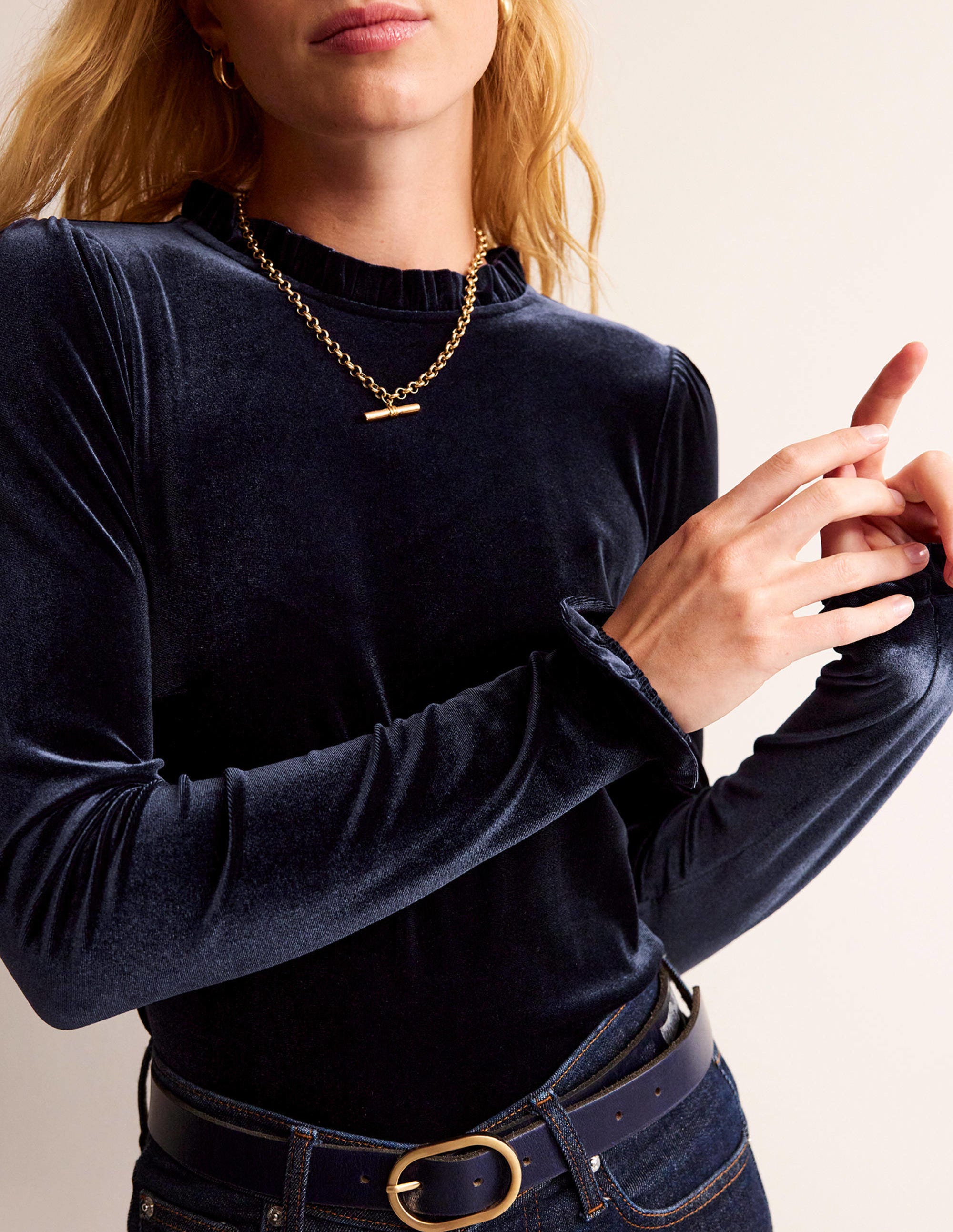 Velvet Frill-Trim Top-Navy - Image 2