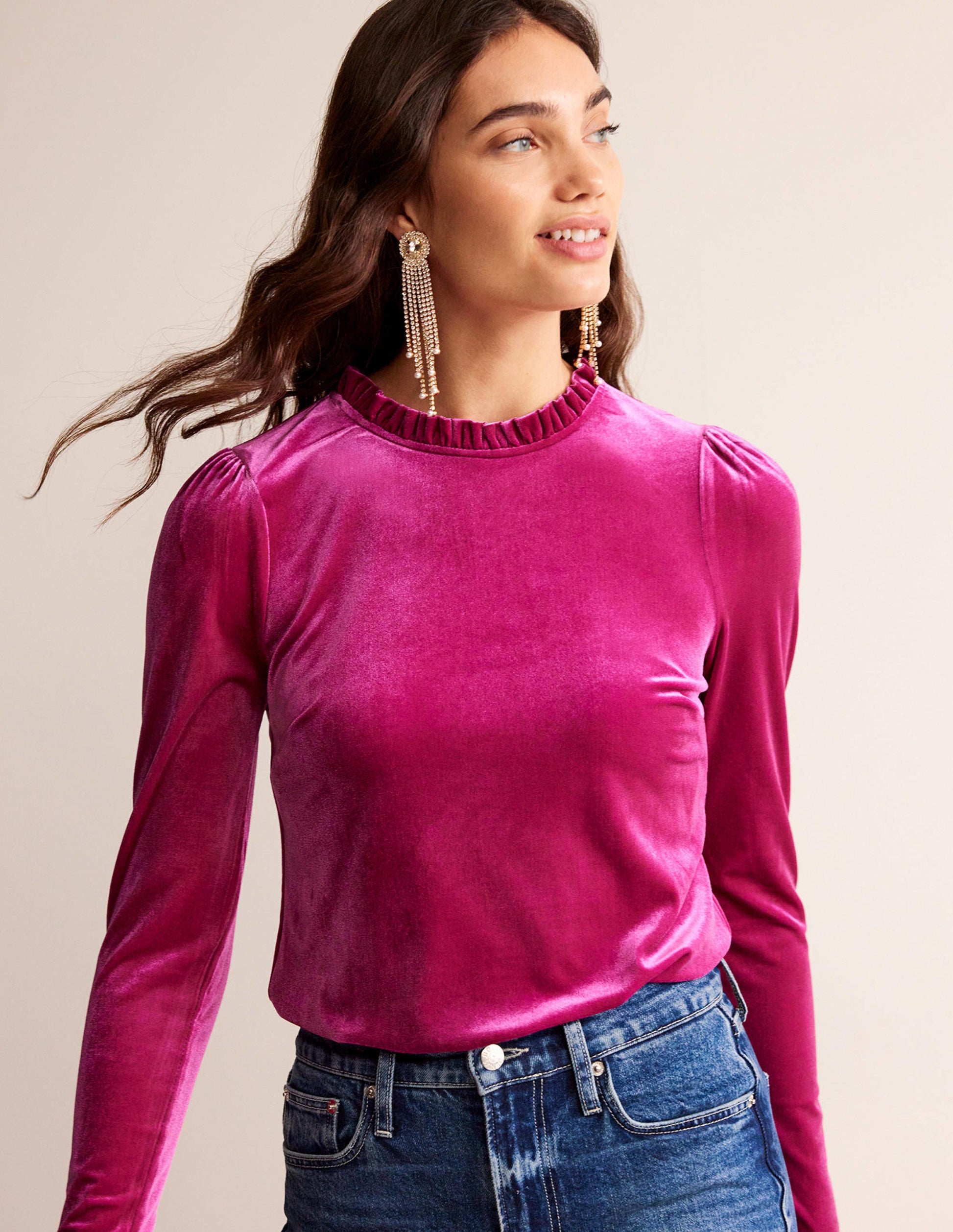 Velvet Frill-Trim Top-Vibrant Plum-4