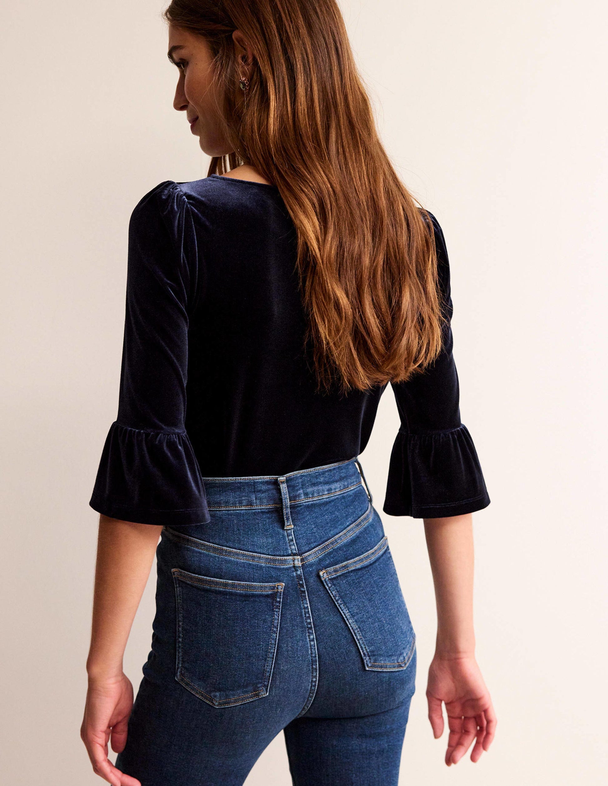 Velvet Ruffle Cuff Top-Navy-3